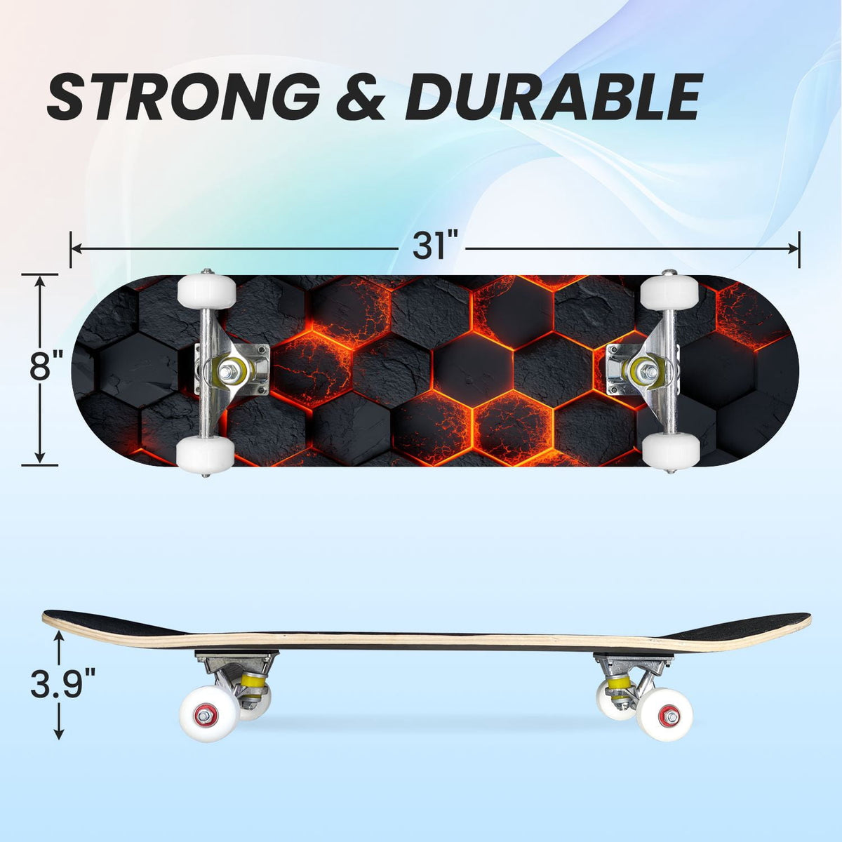 31"x8" Complete Skateboards for Beginners,Black Hexagon Honeycomb Glowing Blue Accents Double Kick 7 Ply Canadian Maple Deck Skateboard with Wheels, Gifts for Kids Teens