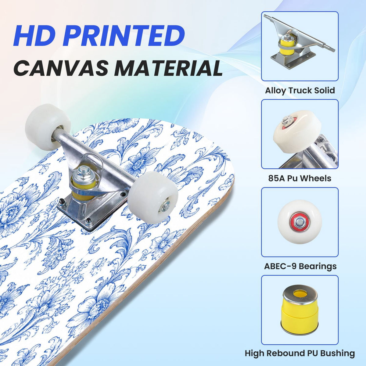 31"x8" Complete Skateboards for Beginners,Blue Botanical Leaf White Double Kick 7 Ply Canadian Maple Deck Skateboard with Wheels, Gifts for Kids Teens