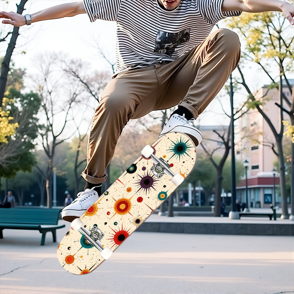 31"x8" Complete Skateboards for Beginners, Vibrant Stained Glass Window Butterflies Flowers Double Kick 7 Ply Canadian Maple Deck Skateboard with Wheels, Gifts for Kids Teens