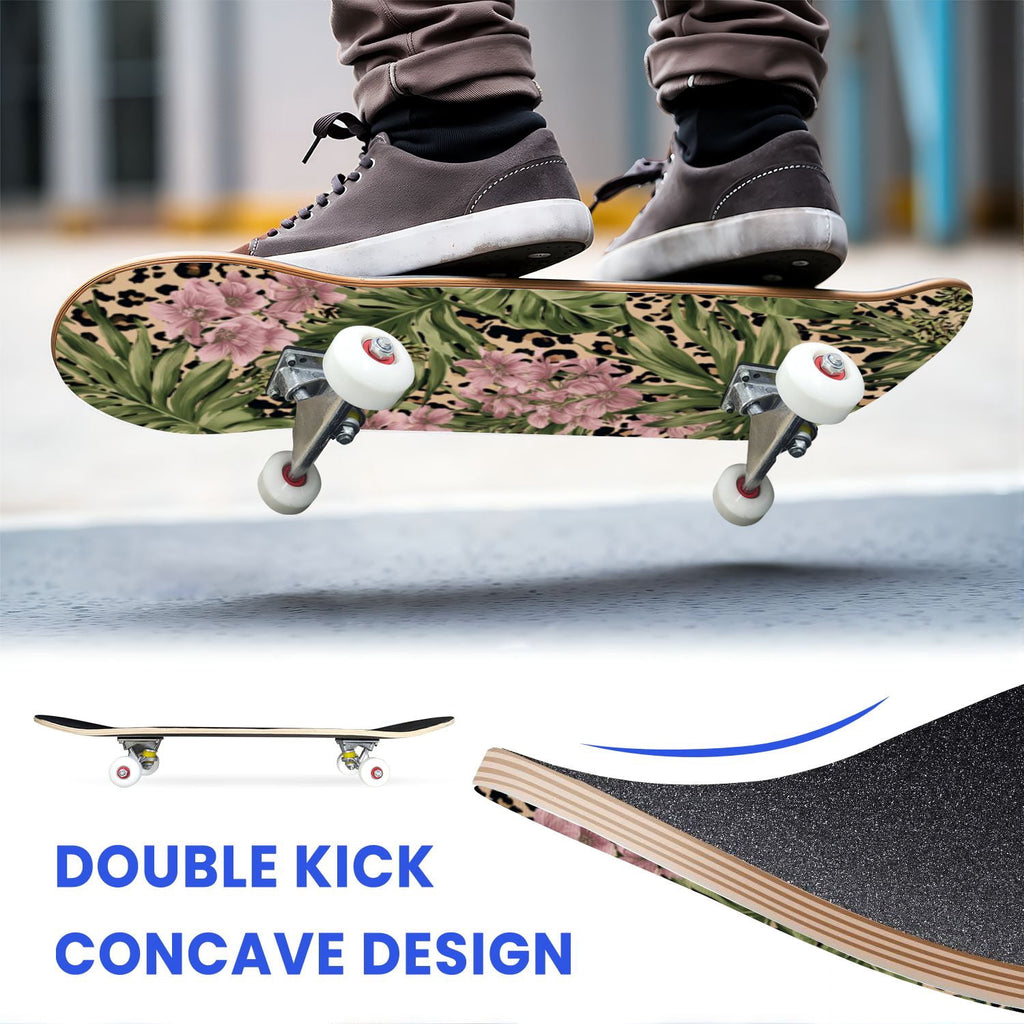 31"x8" Complete Skateboards for Beginners,Black Leopard Print Grey Double Kick 7 Ply Canadian Maple Deck Skateboard with Wheels, Gifts for Kids Teens