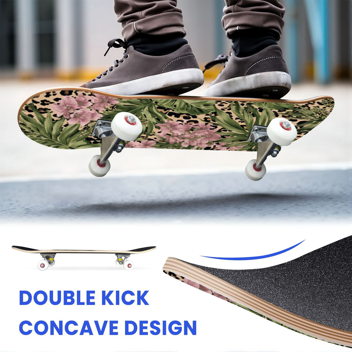 31"x8" Complete Skateboards for Beginners,Black Leopard Print Grey Double Kick 7 Ply Canadian Maple Deck Skateboard with Wheels, Gifts for Kids Teens