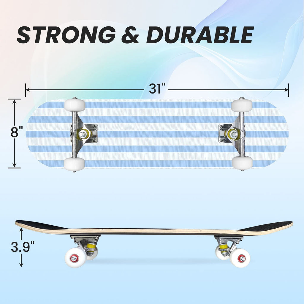 31"x8" Complete Skateboards for Beginners,Watercolor Watermelon Slices Pink Striped Double Kick 7 Ply Canadian Maple Deck Skateboard with Wheels, Gifts for Kids Teens