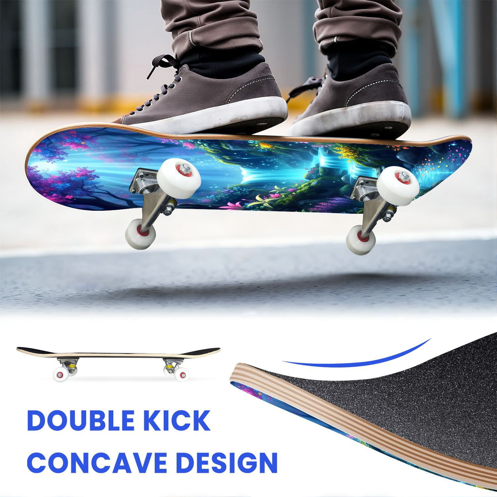 31"x8" Complete Skateboards for Beginners, Magical Forest Glowing Mushrooms Twinkling Fantasy Double Kick 7 Ply Canadian Maple Deck Skateboard with Wheels, Gifts for Kids Teens