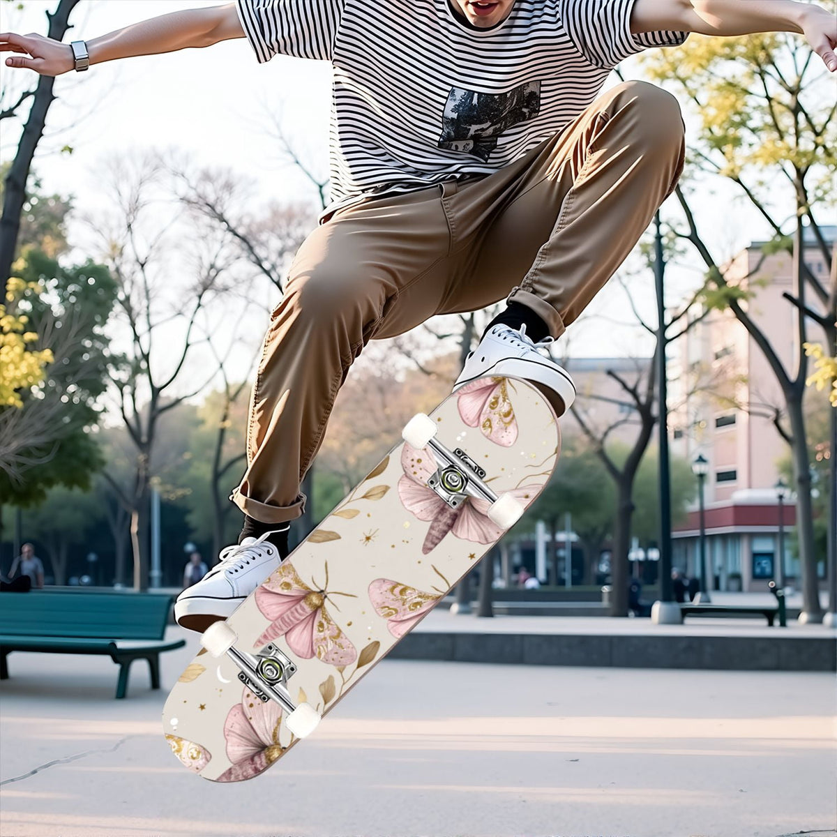31"x8" Complete Skateboards for Beginners,Whimsical Moths Flowers Pastel Colors Stars Moon Mystical Double Kick 7 Ply Canadian Maple Deck Skateboard with Wheels, Gifts for Kids Teens