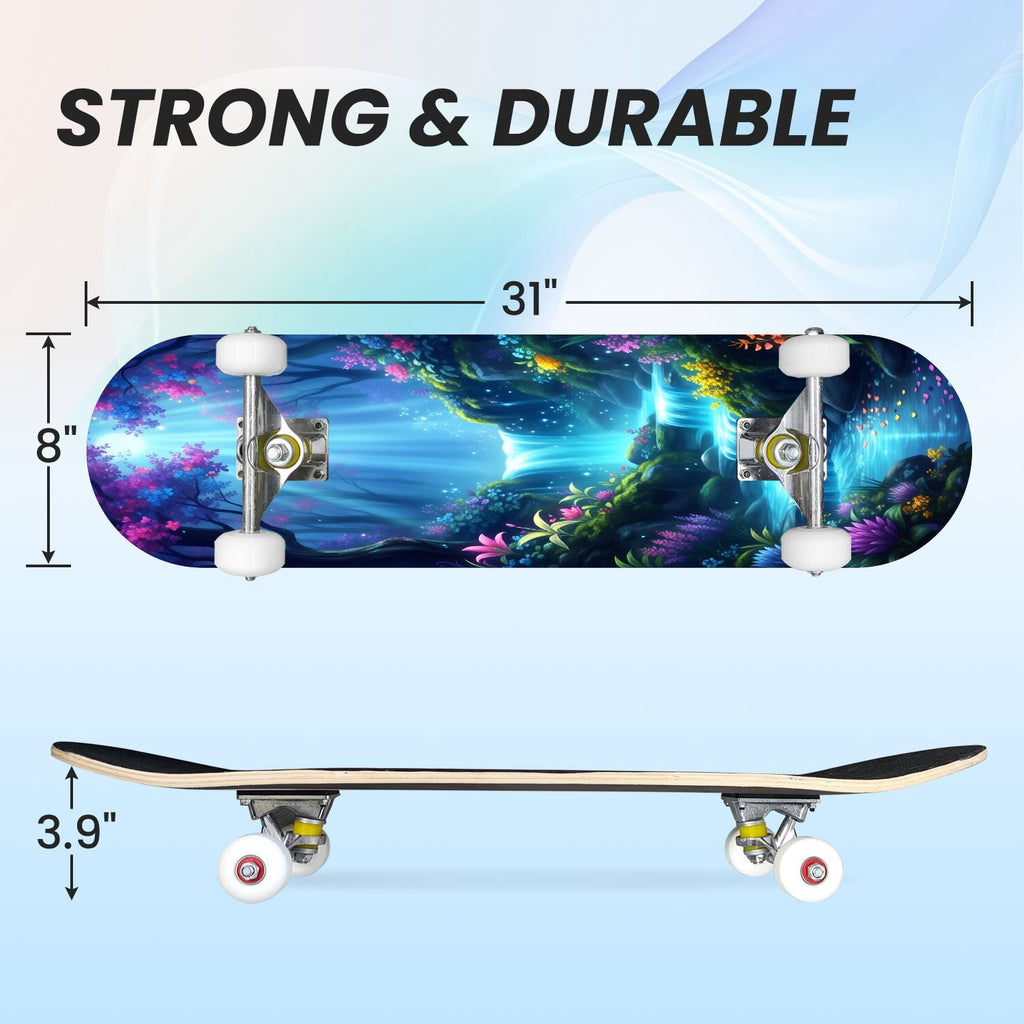 31"x8" Complete Skateboards for Beginners, Magical Forest Glowing Mushrooms Twinkling Fantasy Double Kick 7 Ply Canadian Maple Deck Skateboard with Wheels, Gifts for Kids Teens