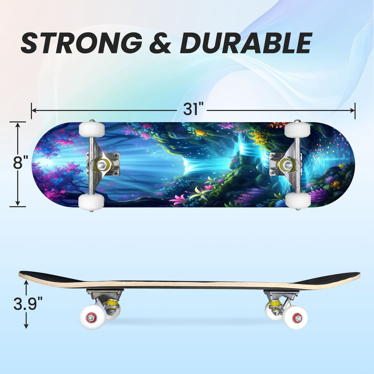 31"x8" Complete Skateboards for Beginners, Magical Forest Glowing Mushrooms Twinkling Fantasy Double Kick 7 Ply Canadian Maple Deck Skateboard with Wheels, Gifts for Kids Teens