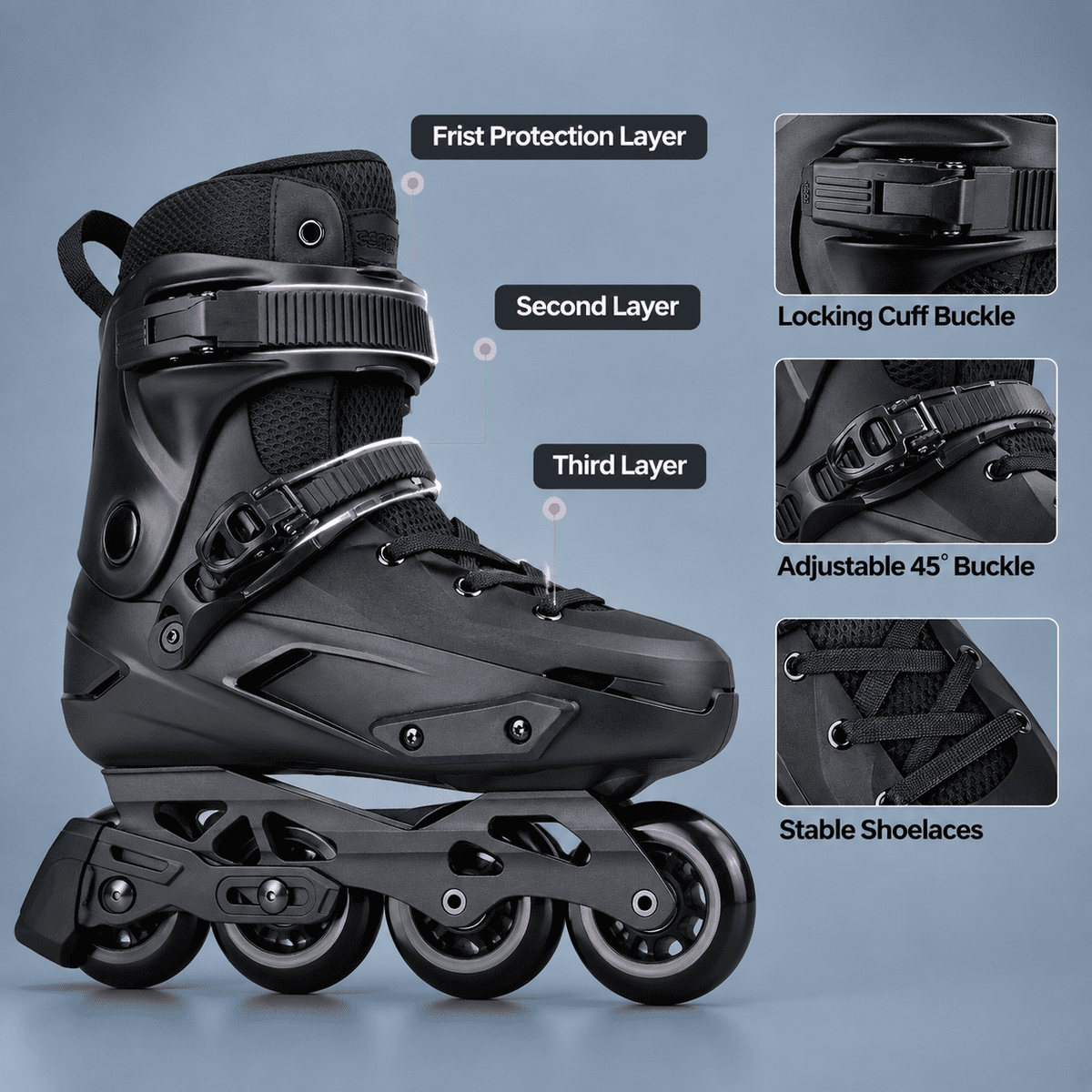 Black USM8-9/USL9-9.5 Professional Inline Skates for Adult Men and Women