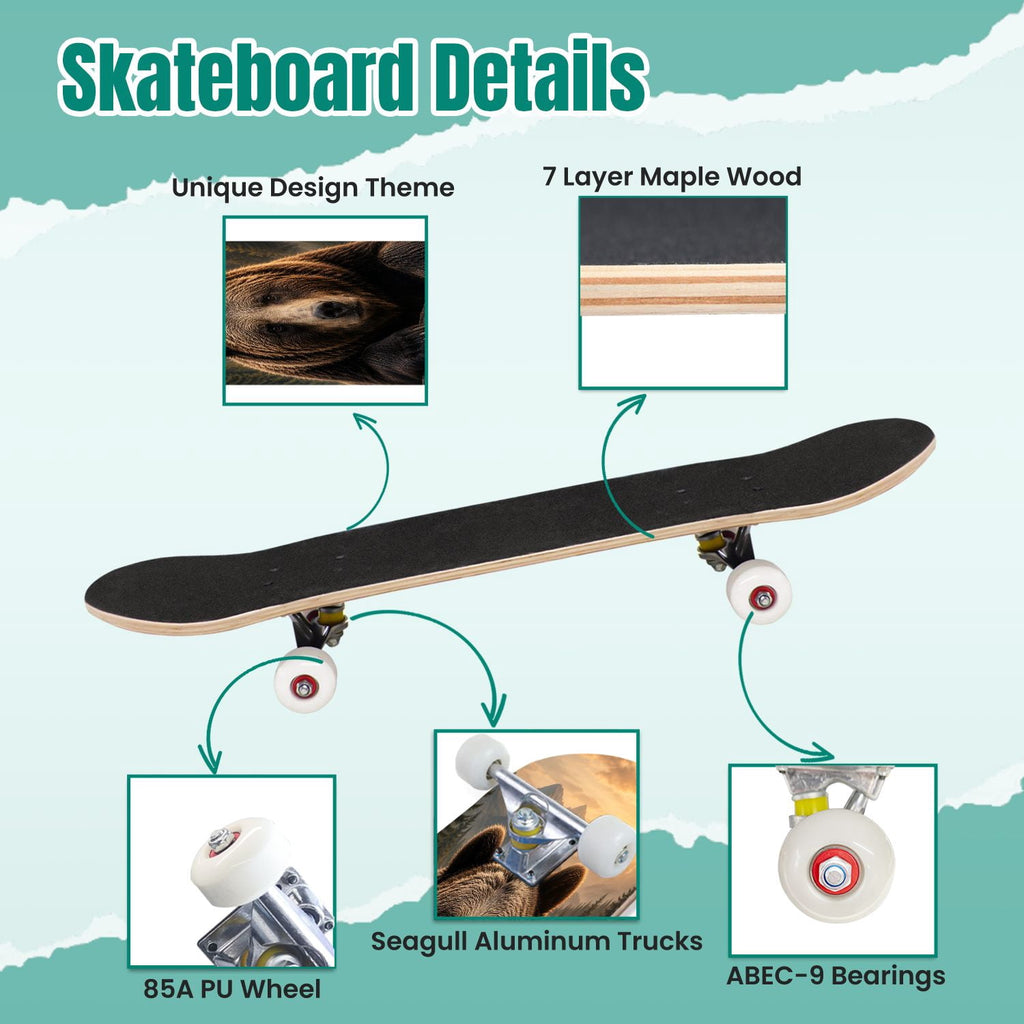 3D Nude Visual Effect Yellowish Brown Layered Chrysanthemum 31" x 8" Complete Skateboard, 7-Ply Canadian Maple Double Kick Trick Board for Kids and Beginners Adult Gifts