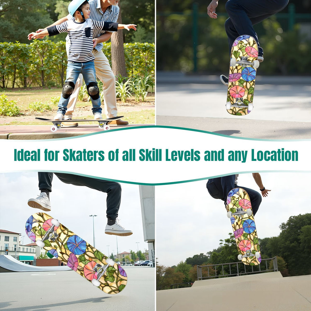 31"x8" Complete Skateboards for Beginners,Cartoon Hand Drawn Ice Cream Doodles Seamless Cones Cupcakes Double Kick 7 Ply Canadian Maple Deck Skateboard with Wheels, Gifts for Kids Teens