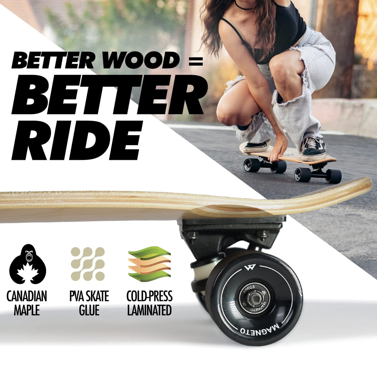 Magneto Boards Mini Cruiser Skateboard Cruiser, Short Board, Canadian Maple Deck - Designed for Kids, Teens and Adults
