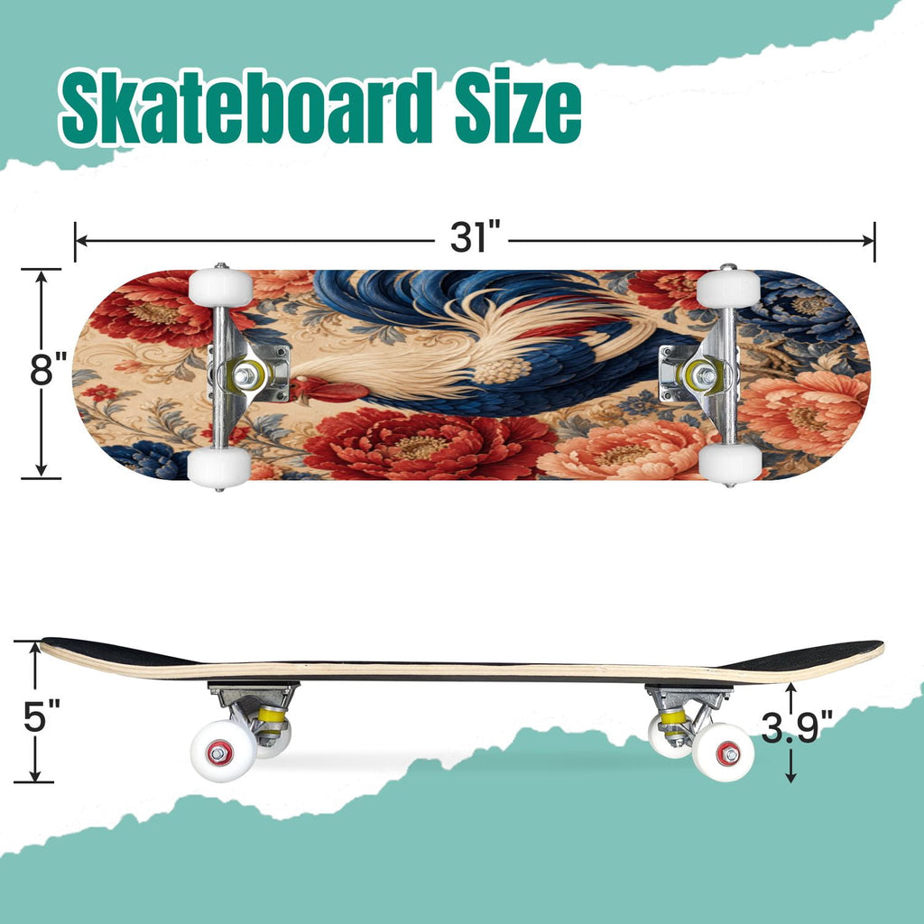 Rose Teal Rose Painting Turquoise Blue Flower Kitchen Decor 31" x 8" Complete Skateboard, 7-Ply Canadian Maple Double Kick Trick Board for Kids and Beginners Adult Gifts