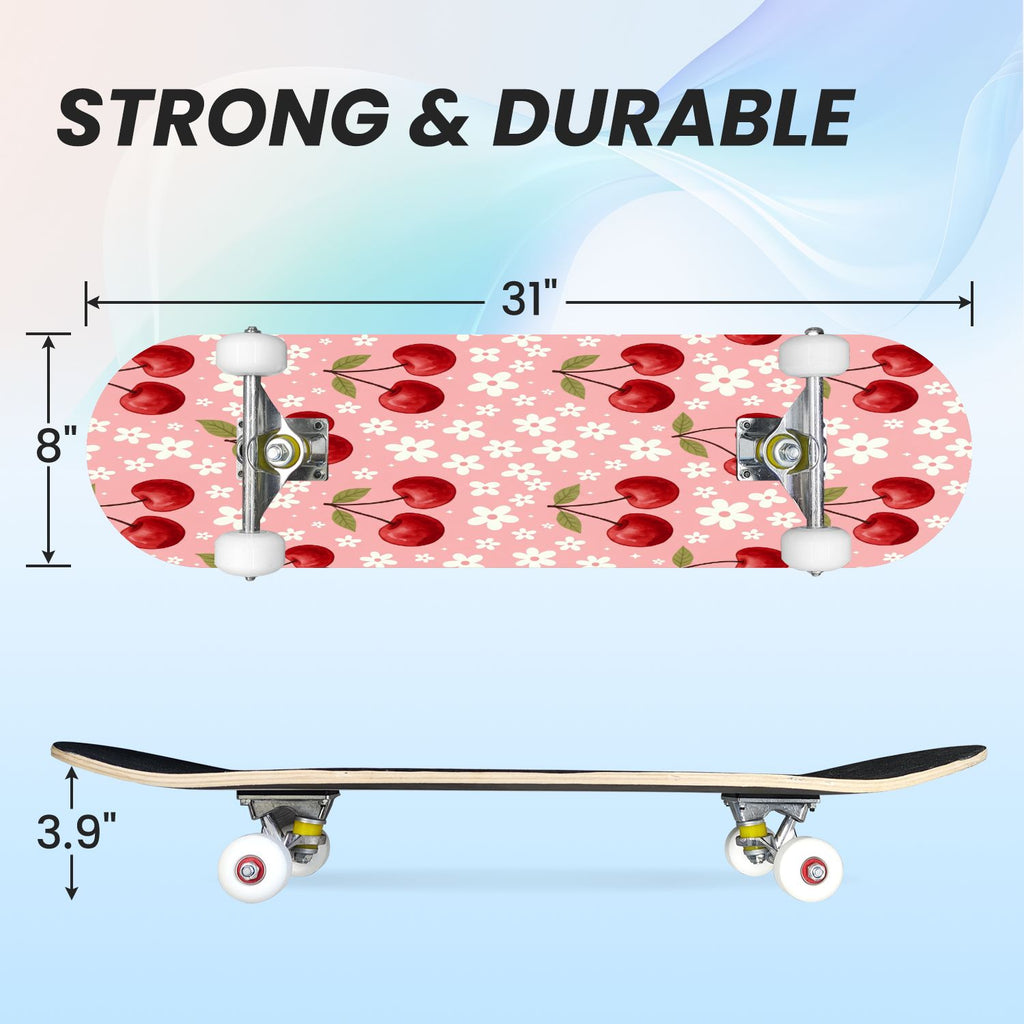 31"x8" Complete Skateboards for Beginners, Cherry Blossom Red Cherry Seamless Pink Botanical Double Kick 7 Ply Canadian Maple Deck Skateboard with Wheels, Gifts for Girls Teens