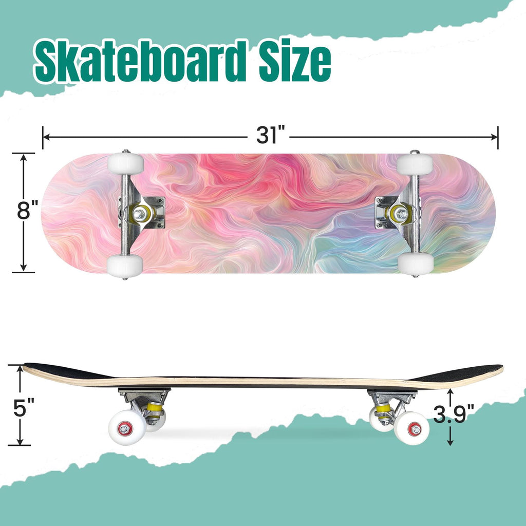 Pink Marble Fluid Abstract Design 31" x 8" Complete Skateboard, 7-Ply Canadian Maple Double Kick Trick Board for Kids and Beginners Adult Gifts