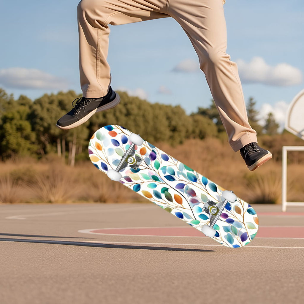 Botanical Embroidery Golden Green Leaves Black 31" x 8" Complete Skateboard, 7-Ply Canadian Maple Double Kick Trick Board for Kids and Beginners Adult Gifts
