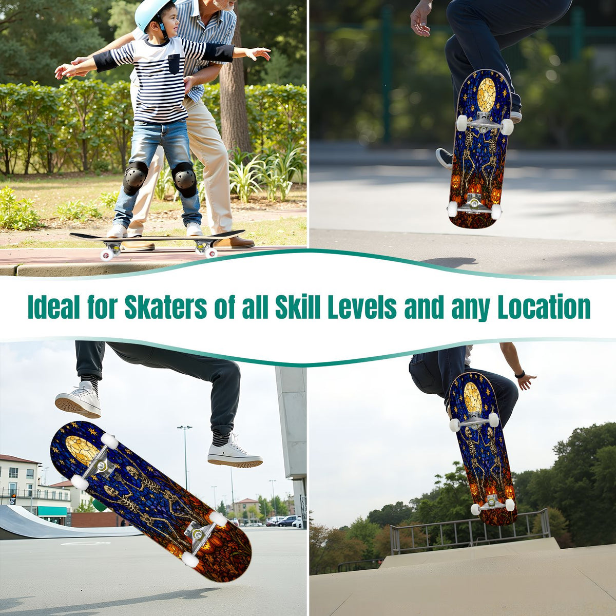 31"x8" Complete Skateboards for Beginners, Colorful Sugar Skull Vibrant Floral Day of the Dead Double Kick 7 Ply Canadian Maple Deck Skateboard with Wheels, Gifts for Kids Teens