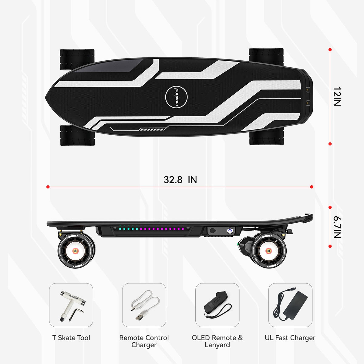 Maxfind Cyber Mini Electric Skateboard with Remote, 32.8", Dual Hub Motors, 24 mph, 15 Miles, App Control