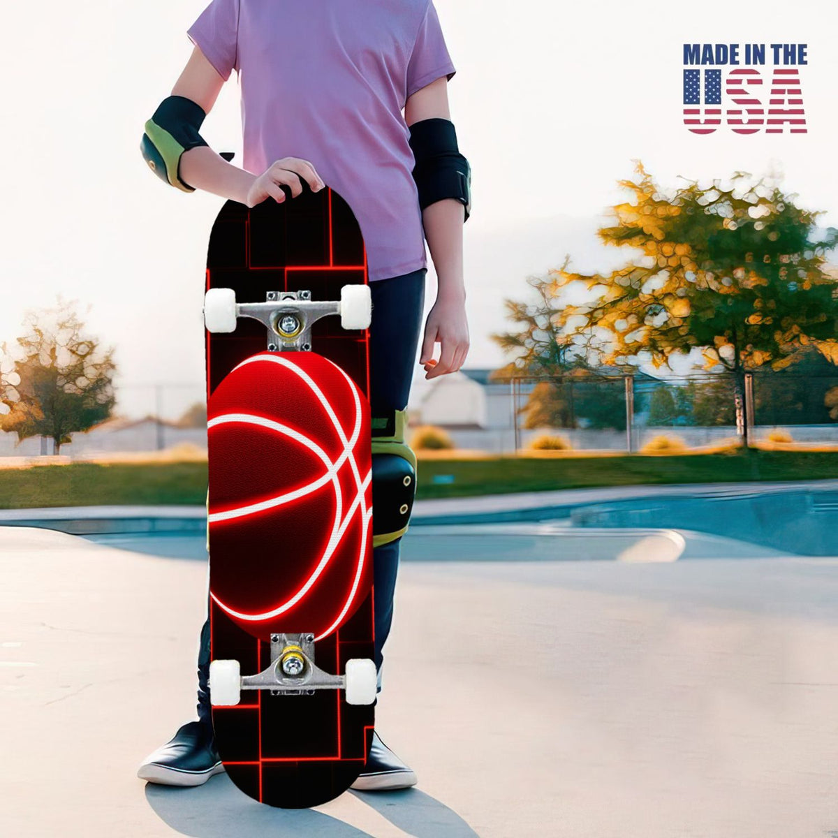 31"x8" Complete Skateboards for Beginners, Honeycomb Futuristic Hexagonal Neon Glowing Orange Light Double Kick 7 Ply Canadian Maple Deck Skateboard with Wheels, Gifts for Kids Teens