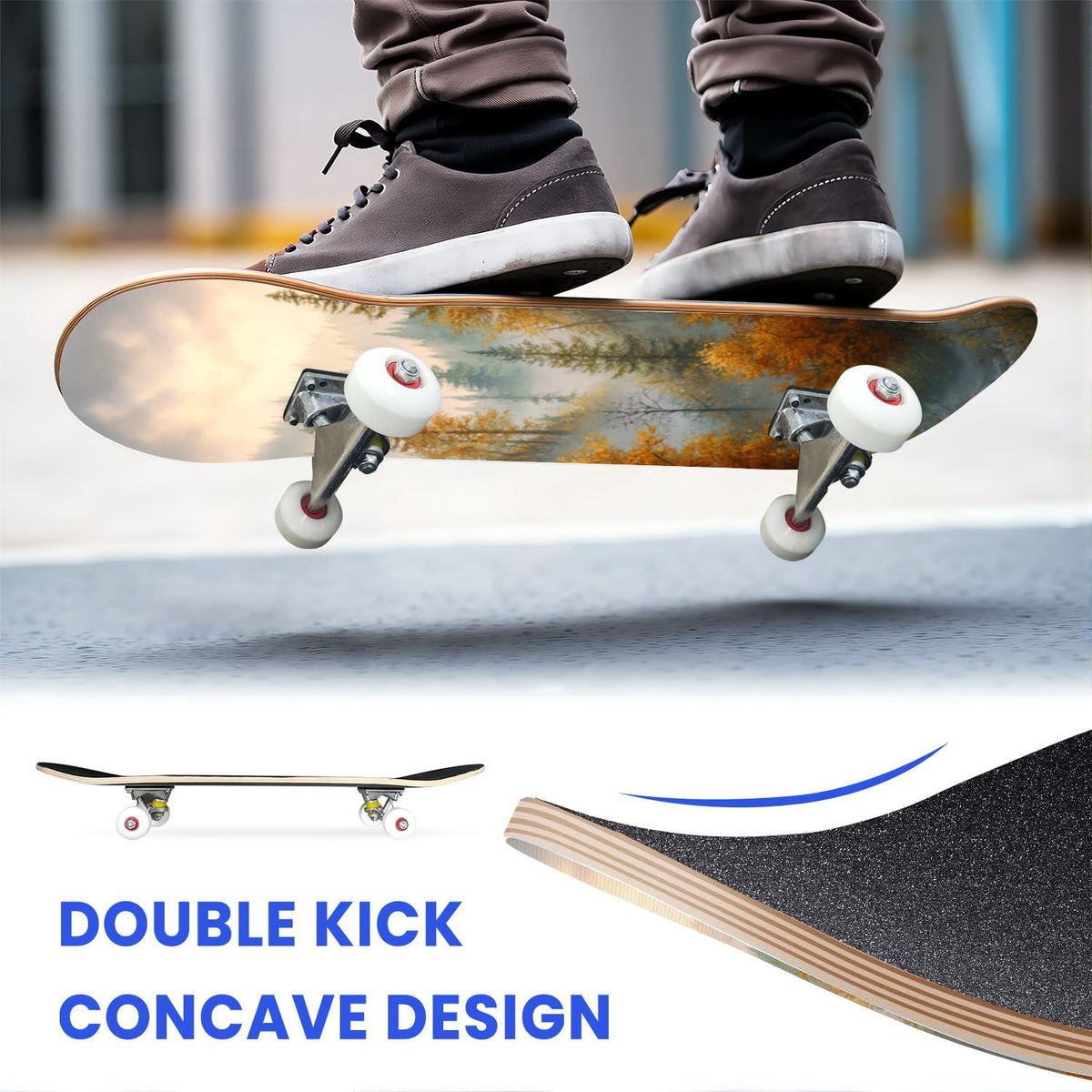 31"x8" Complete Skateboards for Beginners, Blue Deep Sea Sailing Ship Octopus Lighthouse Clouds Ocean Double Kick 7 Ply Canadian Maple Deck Skateboard with Wheels, Gifts for Kids Teens
