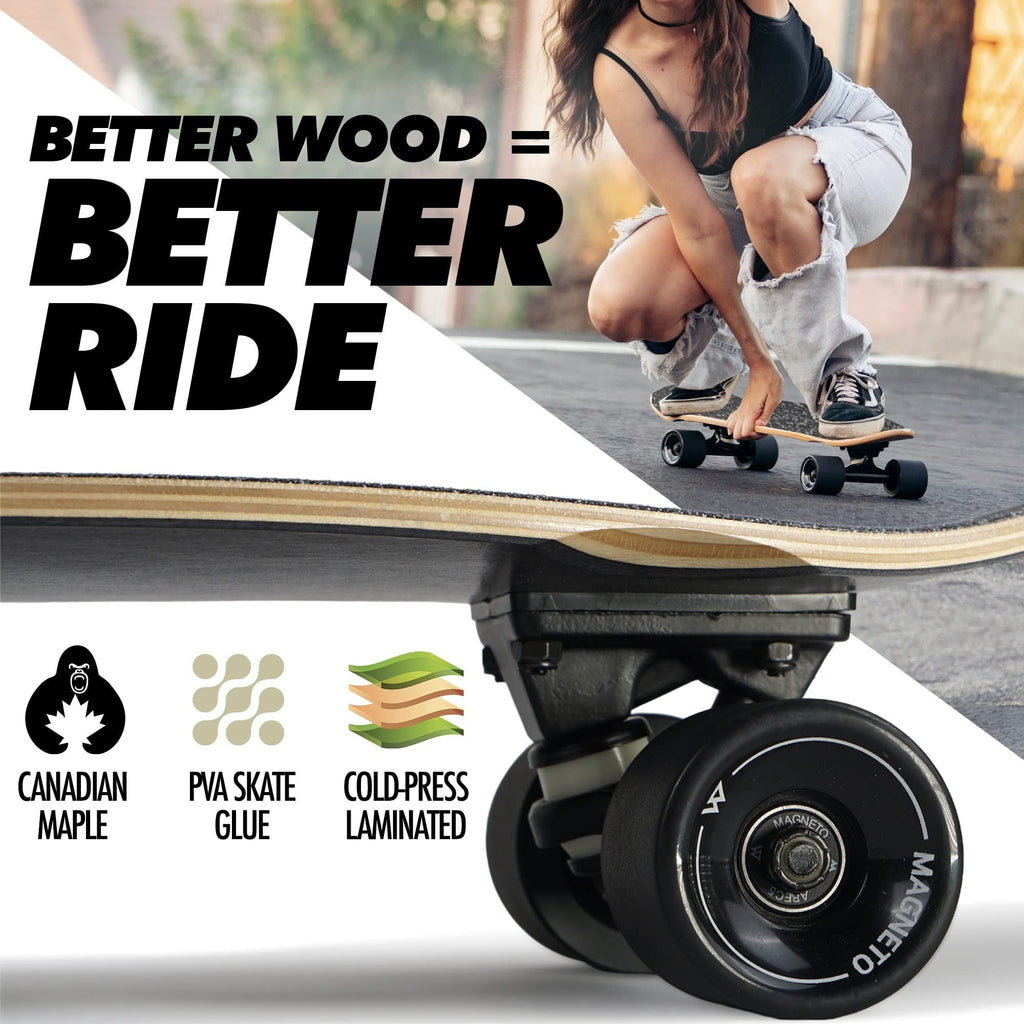 Magneto Cruiser Skateboard - Portable Adult Cruiser Board & Double Kicktail Deck - Kids 6-8 Skateboard with Tiki Style - 27.5 x 7.5 in Deck, 7-Ply Canadian Maple