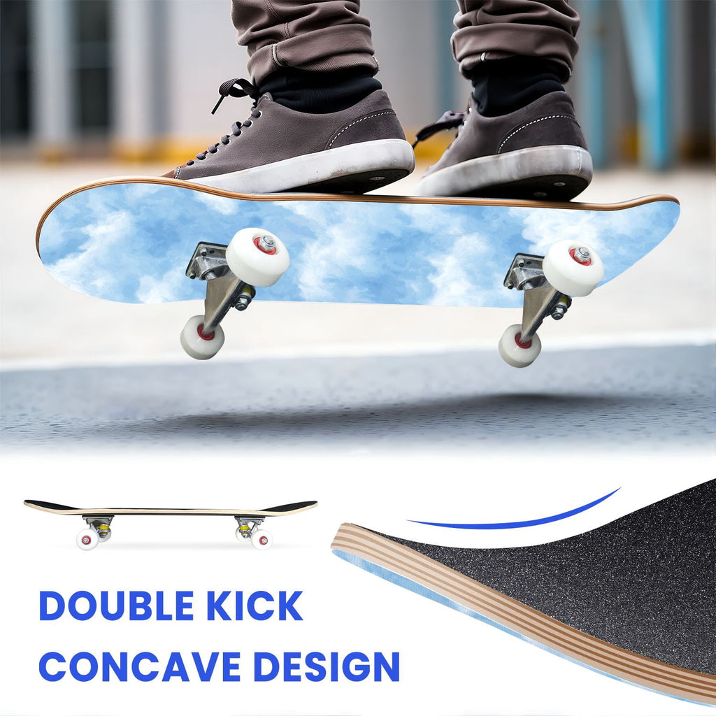 31"x8" Complete Skateboards for Beginners, Pastel Sky Fluffy Clouds Pink Purple Blue Summer Decor Double Kick 7 Ply Canadian Maple Deck Skateboard with Wheels, Gifts for Kids Teens