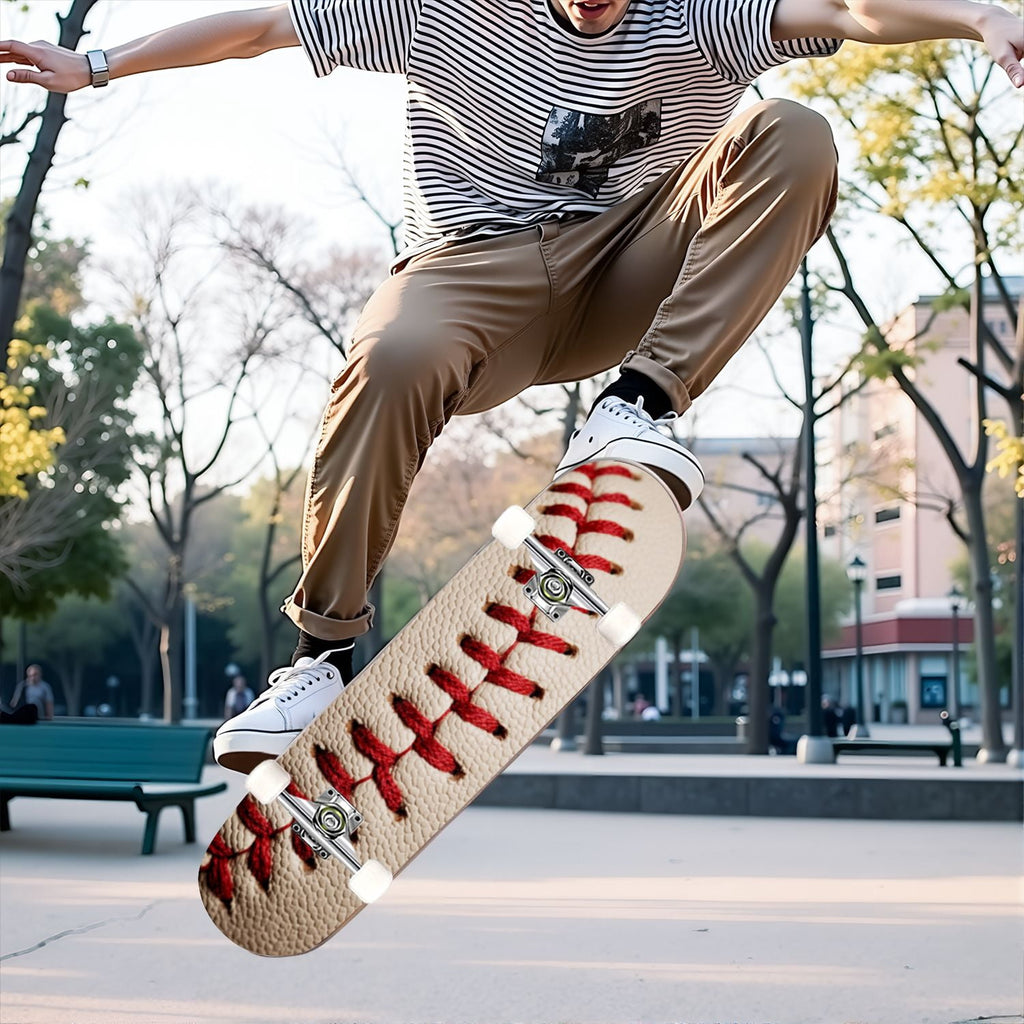 31"x8" Complete Skateboards for Beginners,Close up Baseball Red Stitches Leather Double Kick 7 Ply Canadian Maple Deck Skateboard with Wheels, Sports Gifts for Kids Teens