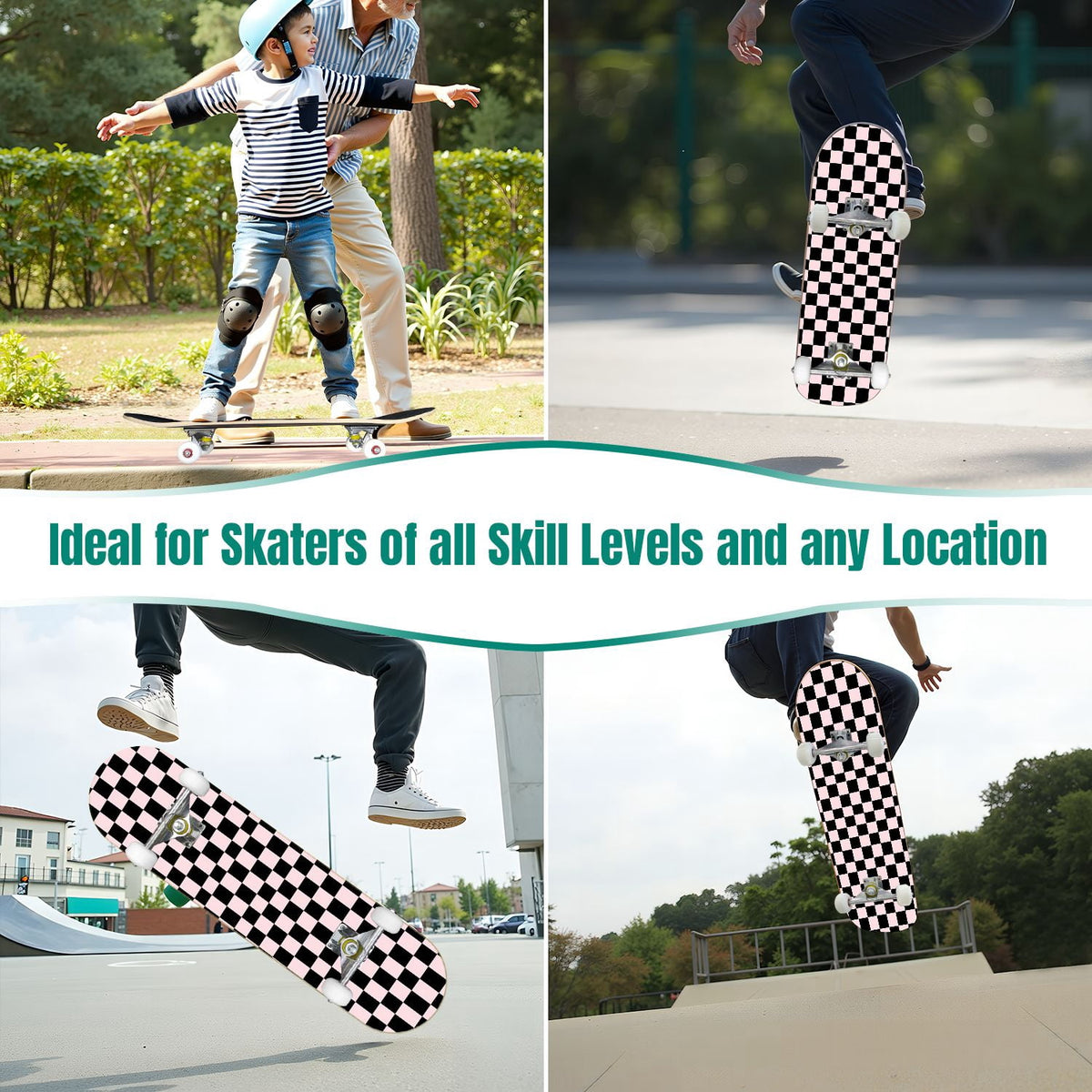 31"x8" Complete Skateboards for Beginners,Black Pink Checkered Retro Aesthetic Double Kick 7 Ply Canadian Maple Deck Skateboard with Wheels, Gifts for Kids Teens