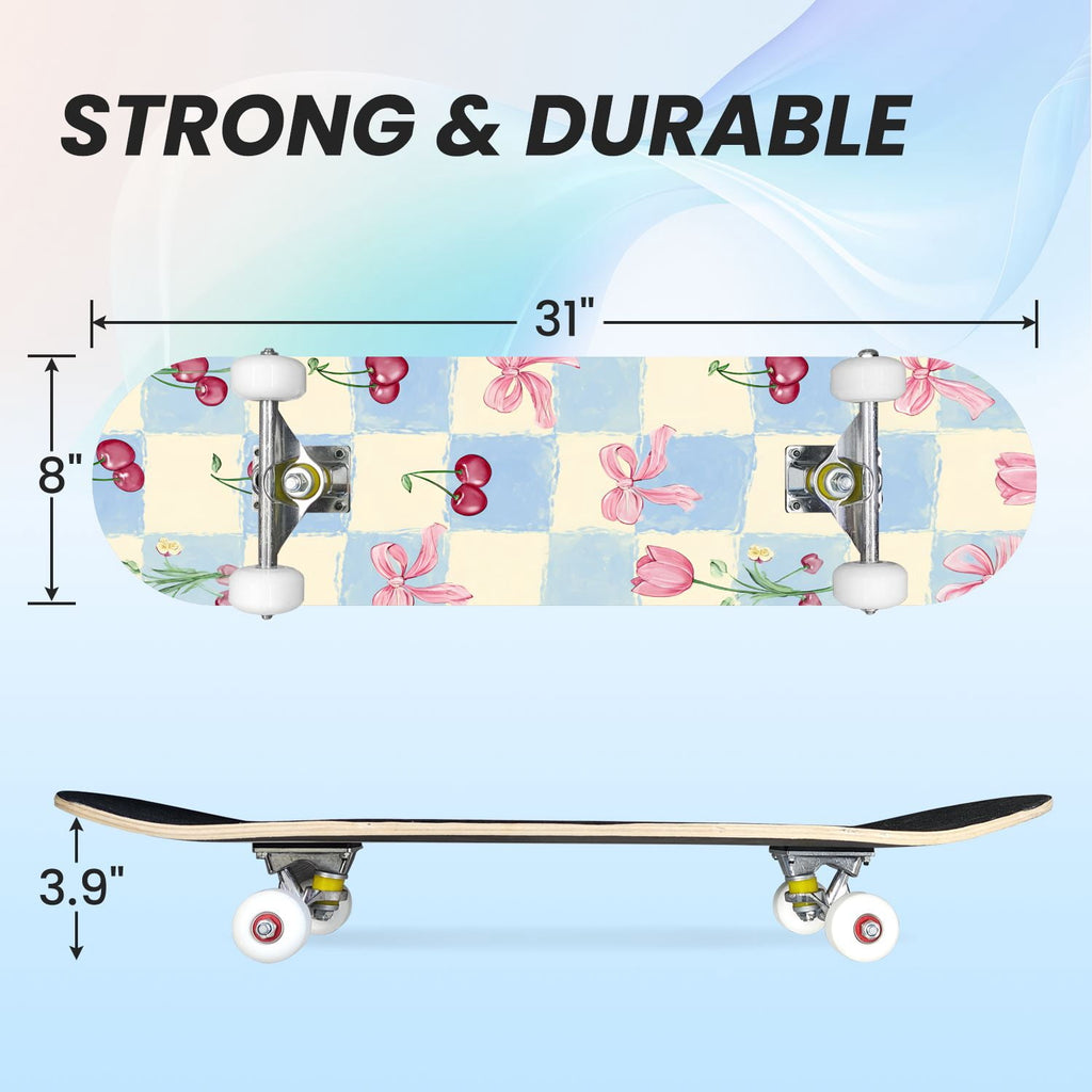 31"x8" Complete Skateboards for Beginners,Mint Green White Plaid Tartan Subtle Double Kick 7 Ply Canadian Maple Deck Skateboard with Wheels, Gifts for Kids Teens