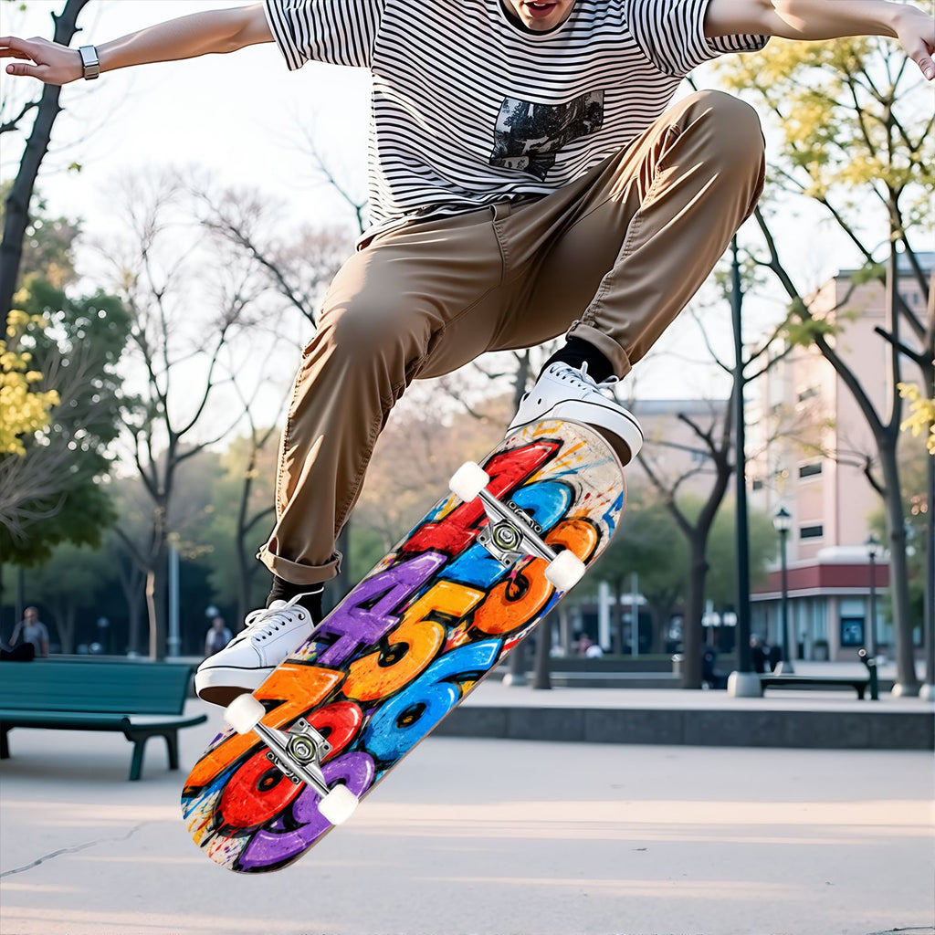 Complete Skateboard Vibrant Multicolored Abstract 31 Inch 7-Ply Maple Skateboard with PU Wheels and Aluminum Trucks, Ready-to-Ride Skateboard for Beginners, Teens and Adults