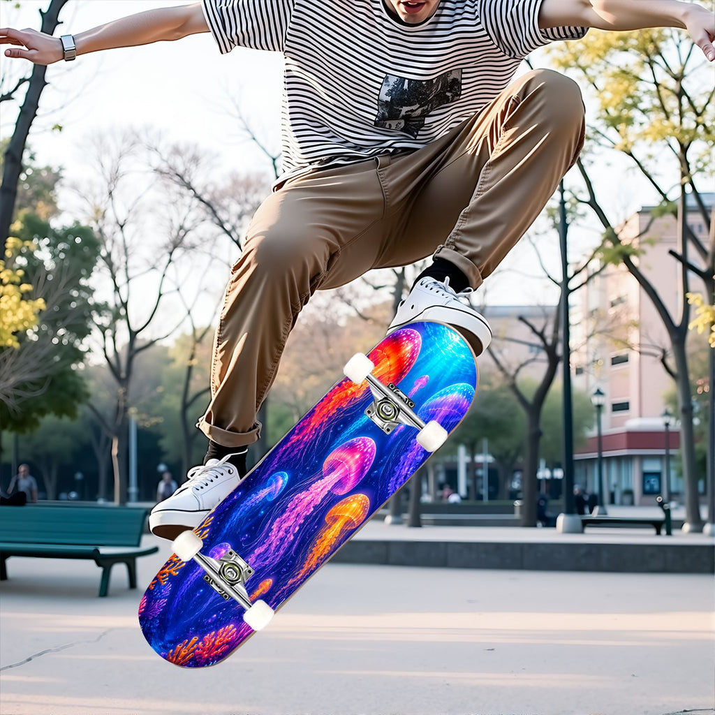 31"x8" Complete Skateboards for Beginners, Colorful Cosmic Octopus Tentacles Starry Marine Life Double Kick 7 Ply Canadian Maple Deck Skateboard with Wheels, Gifts for Kids Teens