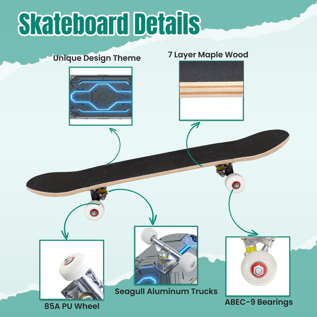 Futuristic Blue Abstract Technology Glowing Core 31" x 8" Complete Skateboard, 7-Ply Canadian Maple Double Kick Trick Board for Kids and Beginners Adult Gifts