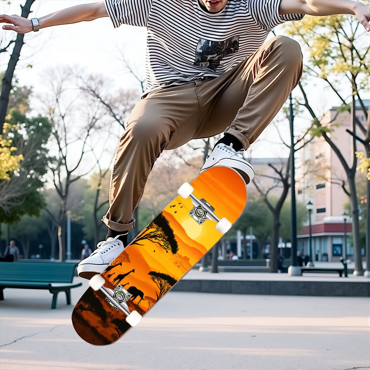 31"x8" Complete Skateboards for Beginners, Soft Blue Cream Striped Design Double Kick 7 Ply Canadian Maple Deck Skateboard with Wheels, Gifts for Kids Teens