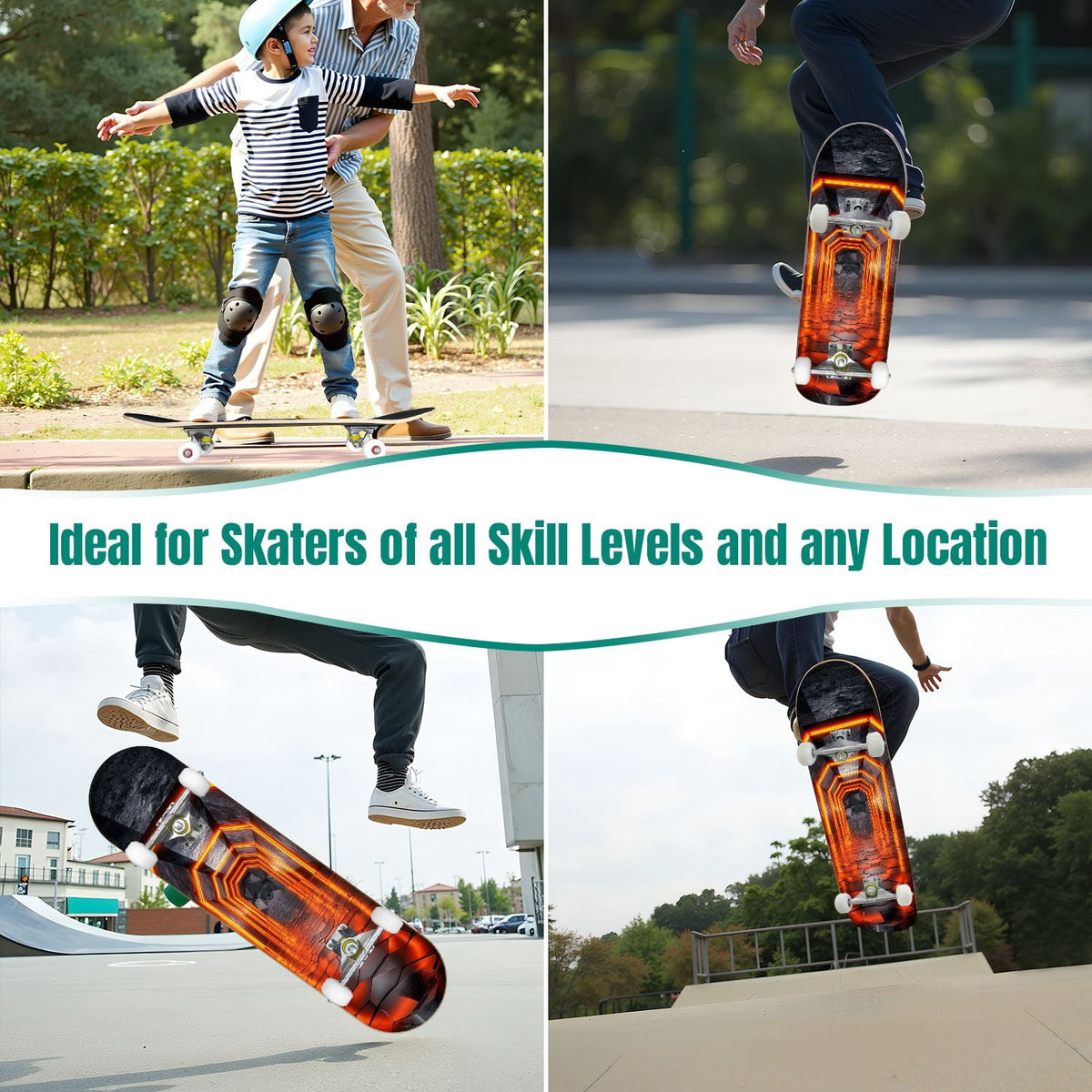Futuristic Glowing Orange Neon Lines Dark Metallic Panels 31" x 8" Complete Skateboard, 7-Ply Canadian Maple Double Kick Trick Board for Kids and Beginners Adult Gifts