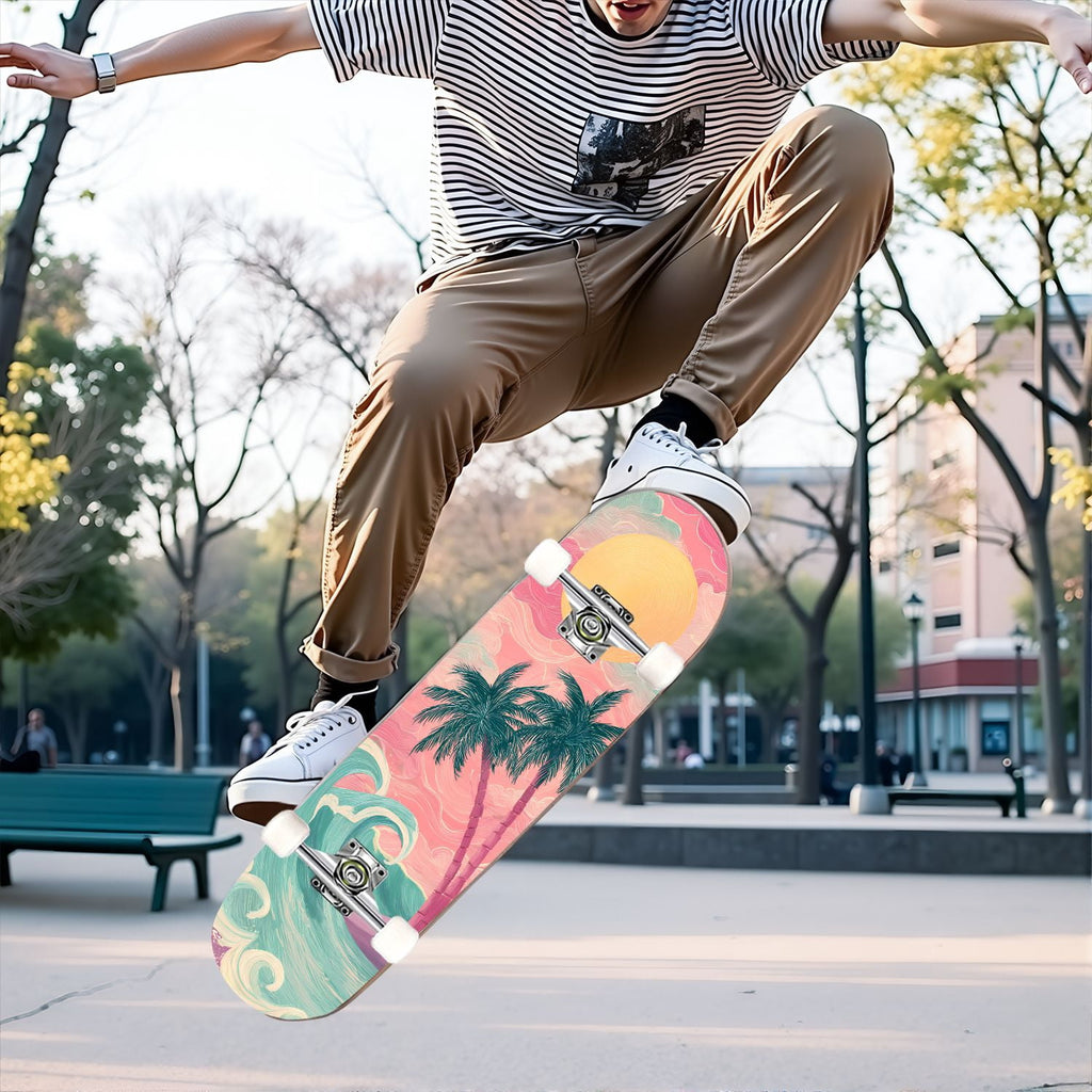 31"x8" Complete Skateboards for Beginners, Abstract Wavy Purple Beige Zebra Design Double Kick 7 Ply Canadian Maple Deck Skateboard with Wheels, Gifts for Kids Teens