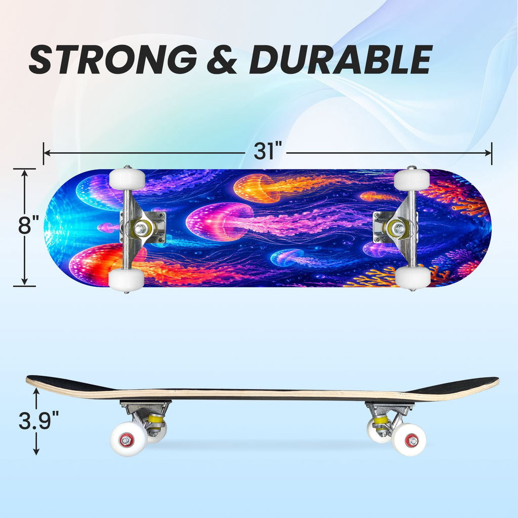 31"x8" Complete Skateboards for Beginners, Colorful Underwater Two Seahorses Coral Reefs Double Kick 7 Ply Canadian Maple Deck Skateboard with Wheels, Gifts for Kids Teens