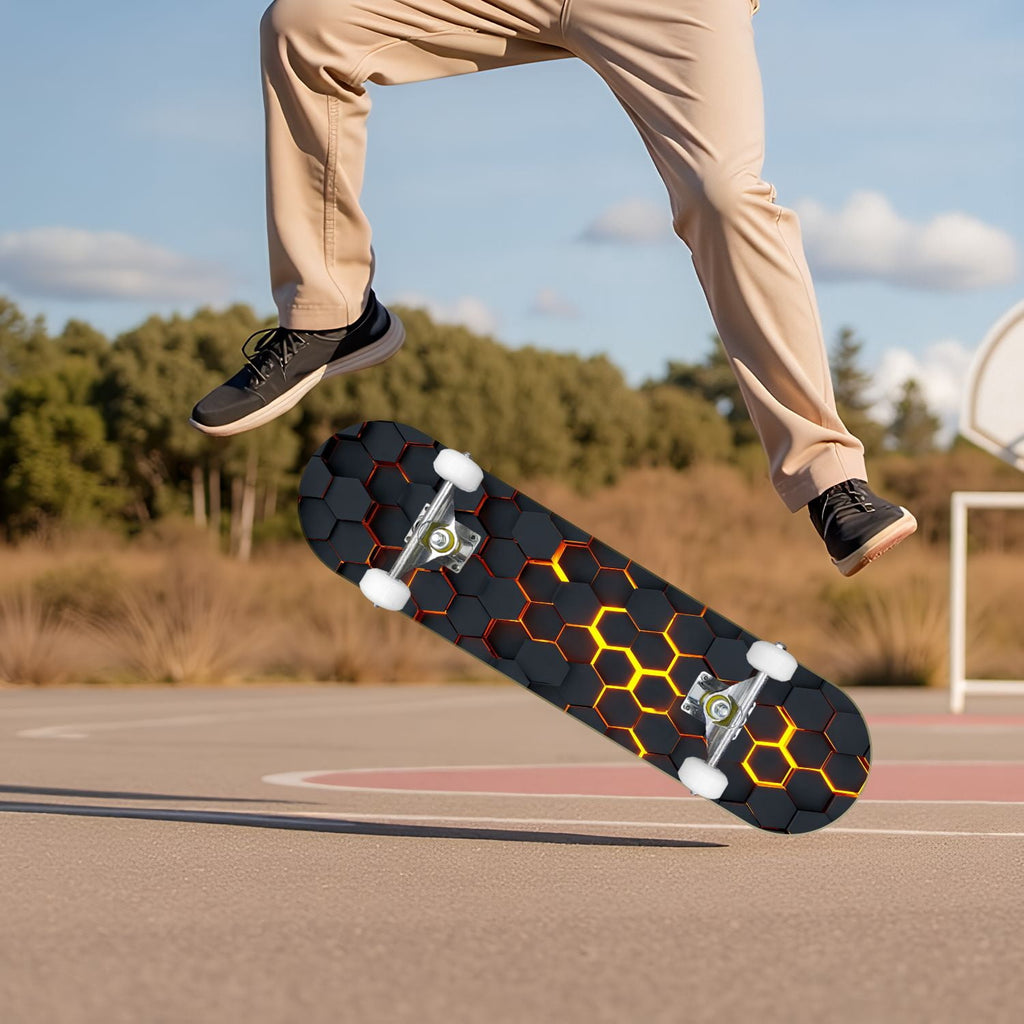 Futuristic Hexagonal Metallic Blue Glowing Orange Highlights 31" x 8" Complete Skateboard, 7-Ply Canadian Maple Double Kick Trick Board for Kids and Beginners Adult Gifts