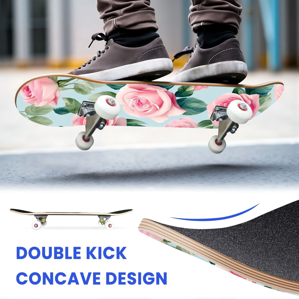31"x8" Complete Skateboards for Beginners, Elegant Pink Red Roses Green Leaves Dark Double Kick 7 Ply Canadian Maple Deck Skateboard with Wheels, Gifts for Kids Teens