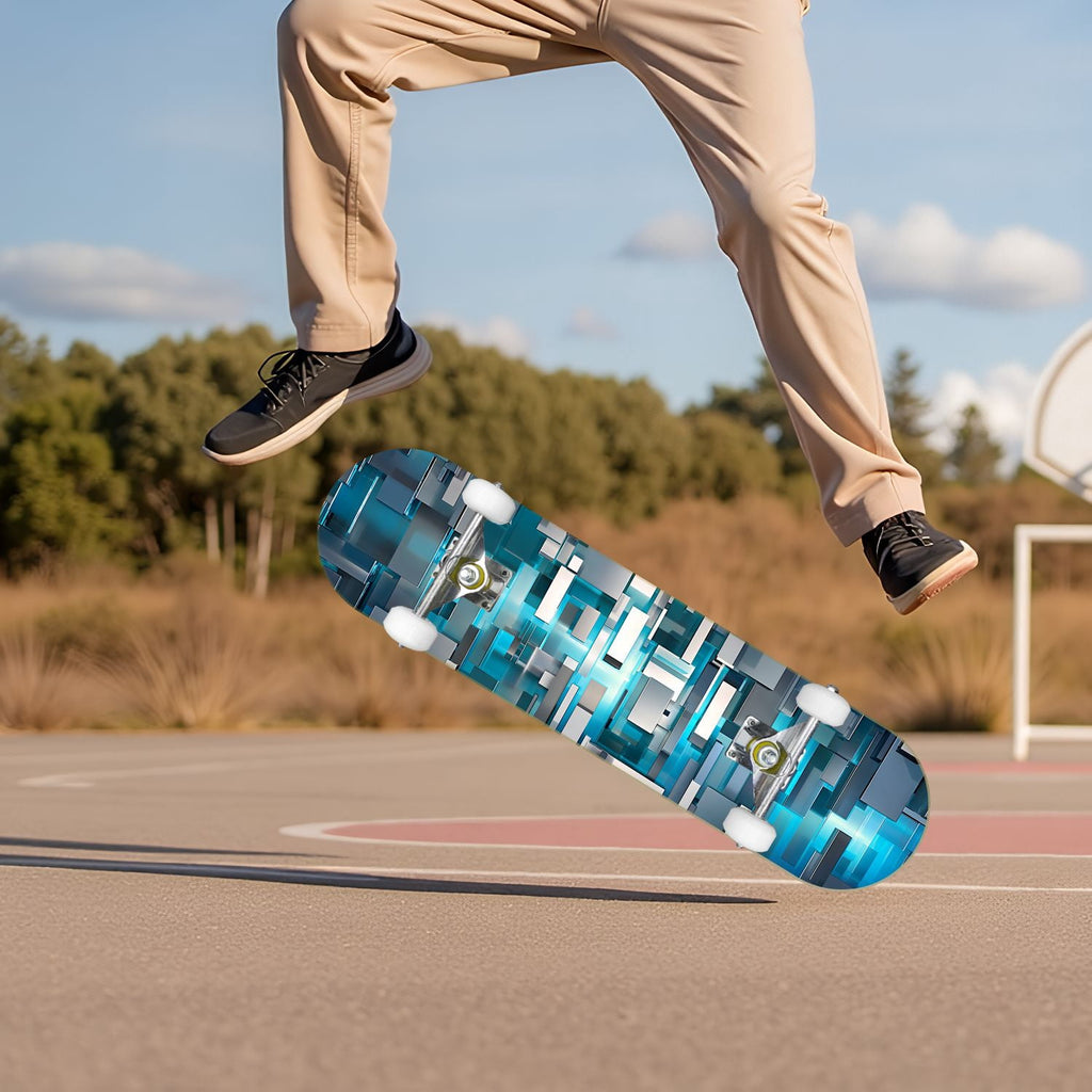 Glowing Futuristic Cubic Tunnel Metallic Tiles Bright Light 31" x 8" Complete Skateboard, 7-Ply Canadian Maple Double Kick Trick Board for Kids and Beginners Adult Gifts