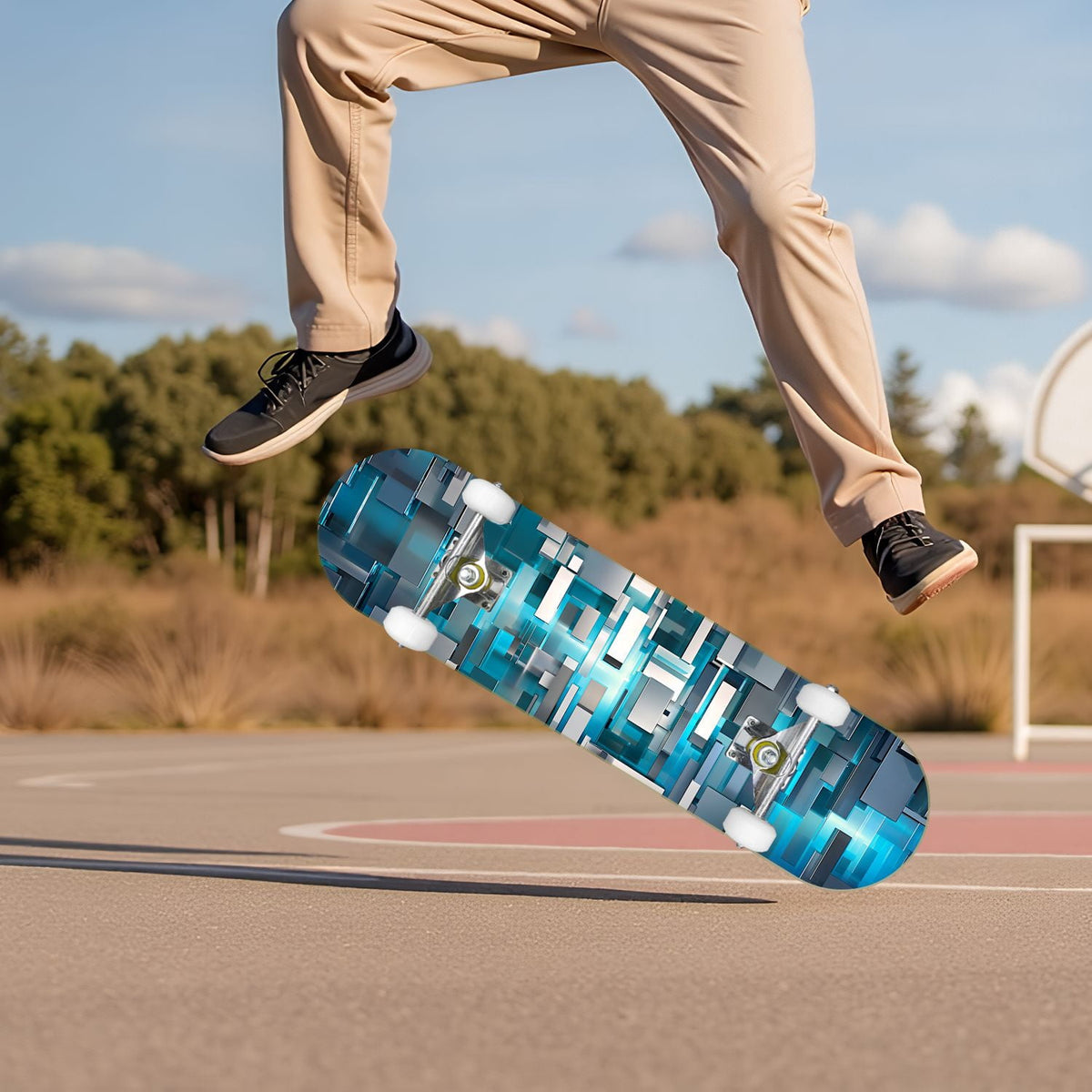 Glowing Futuristic Cubic Tunnel Metallic Tiles Bright Light 31" x 8" Complete Skateboard, 7-Ply Canadian Maple Double Kick Trick Board for Kids and Beginners Adult Gifts
