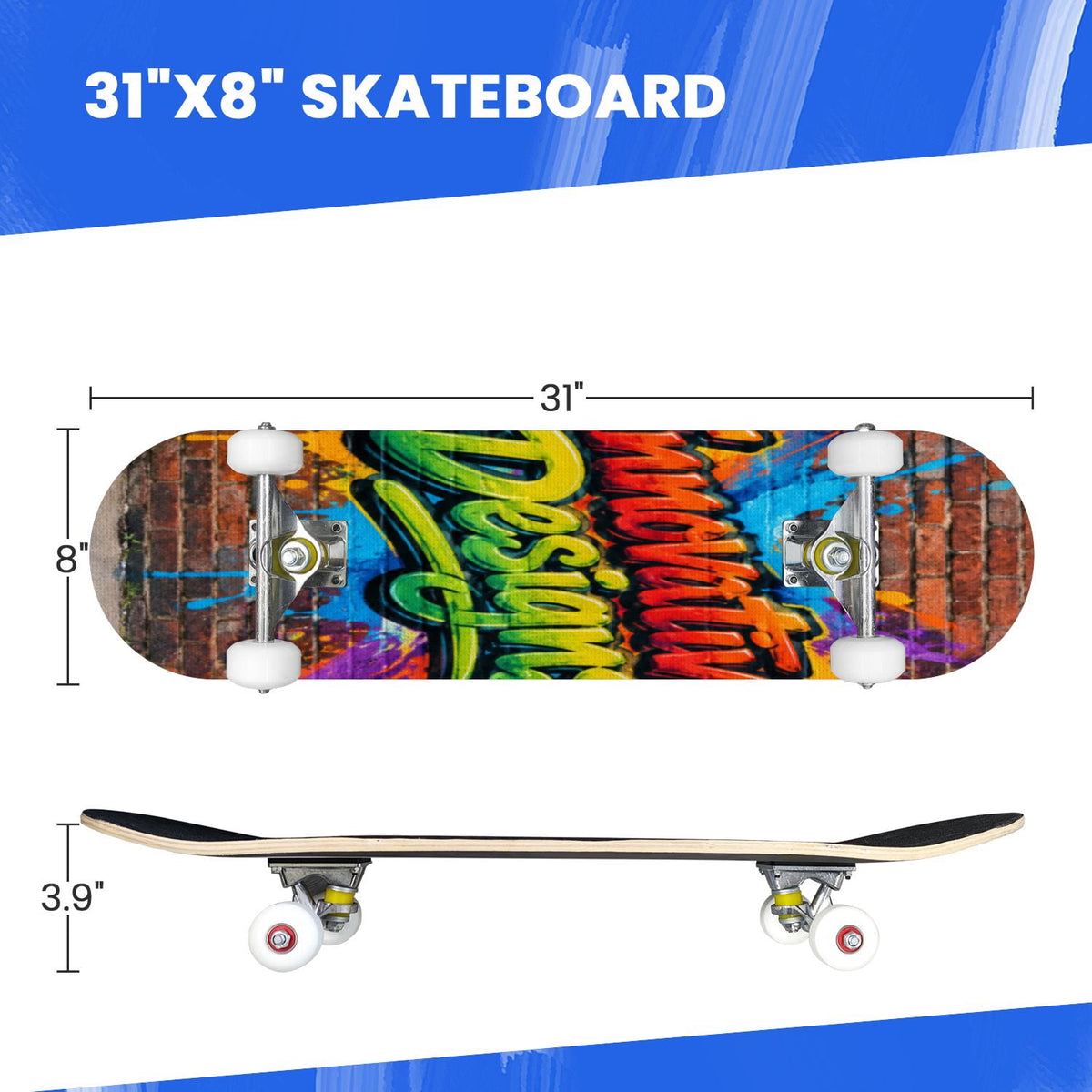 Complete Skateboard Vibrant Swirling Abstract 31 Inch 7-Ply Maple Skateboard with PU Wheels and Aluminum Trucks, Ready-to-Ride Skateboard for Beginners, Teens and Adults