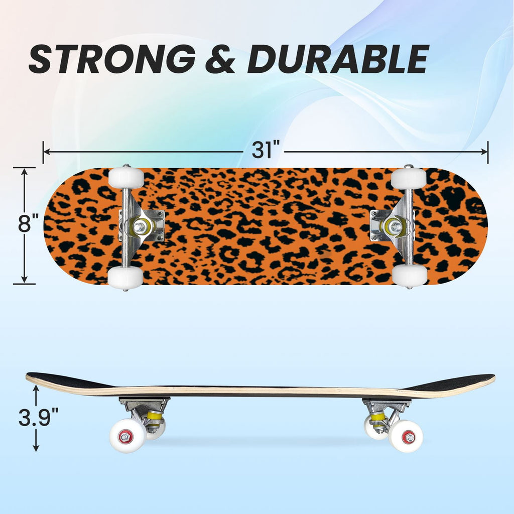 31"x8" Complete Skateboards for Beginners,Leopard Print Black Brown Beige Double Kick 7 Ply Canadian Maple Deck Skateboard with Wheels, Gifts for Kids Teens
