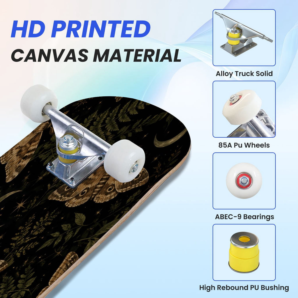 31"x8" Complete Skateboards for Beginners, Colorful Butterfly Blooming Flowers Under Full Moon Starry Double Kick 7 Ply Canadian Maple Deck Skateboard with Wheels, Gifts for Kids Teens