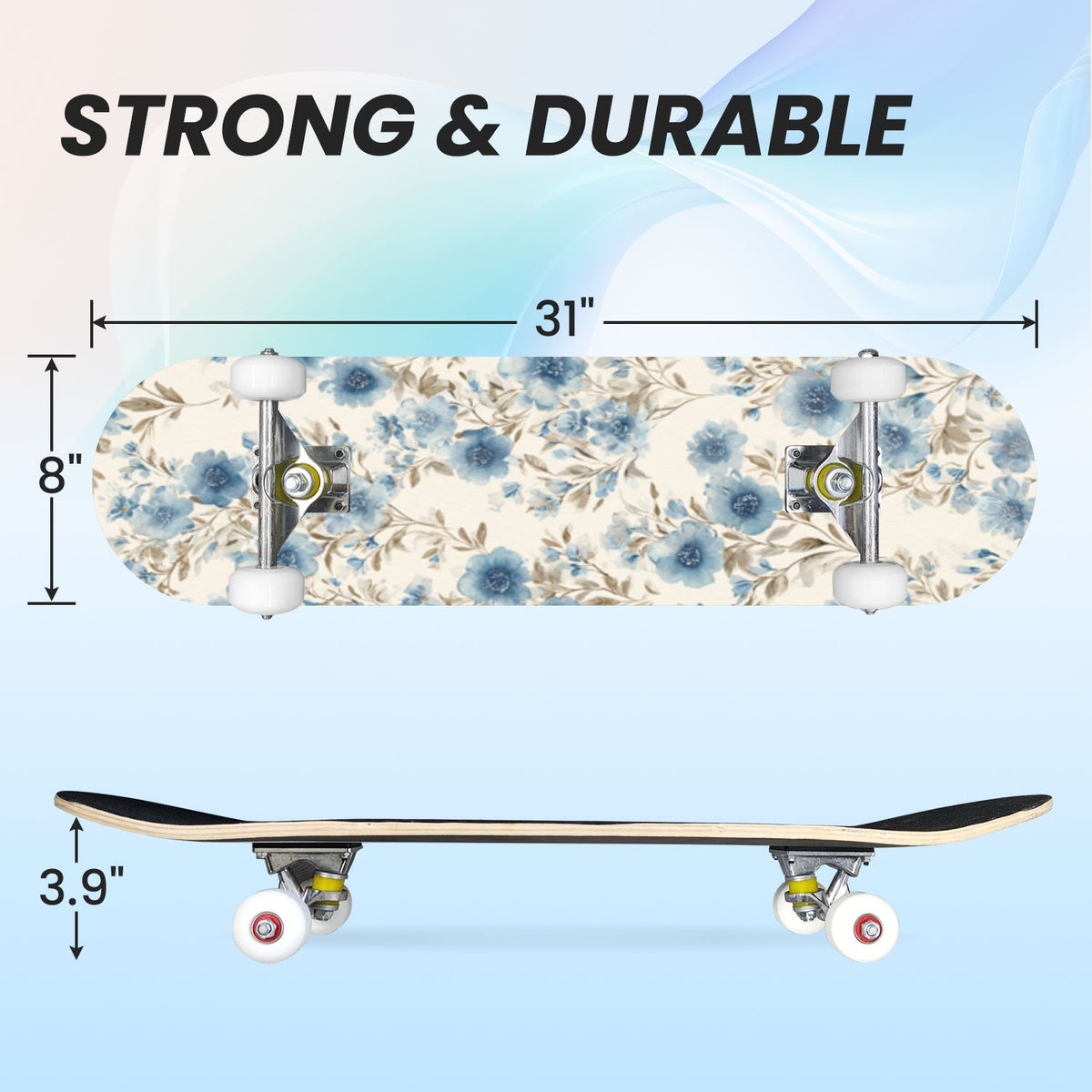 31"x8" Complete Skateboards for Beginners, Soft Blue Cream Striped Design Double Kick 7 Ply Canadian Maple Deck Skateboard with Wheels, Gifts for Kids Teens