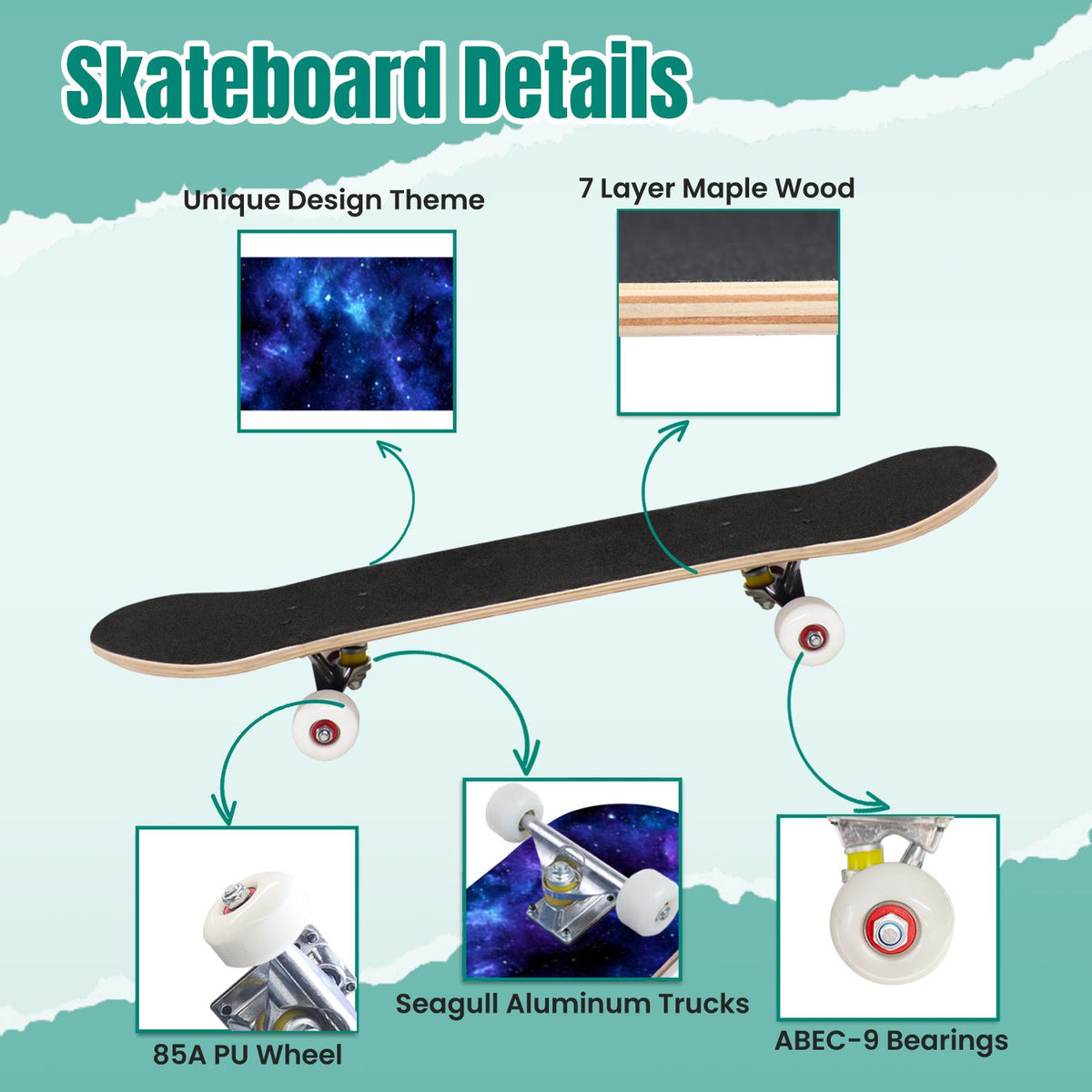 Vibrant Purple Blue Cosmic Galaxy Stars Nebula Clouds 31" x 8" Complete Skateboard, 7-Ply Canadian Maple Double Kick Trick Board for Kids and Beginners Adult Gifts