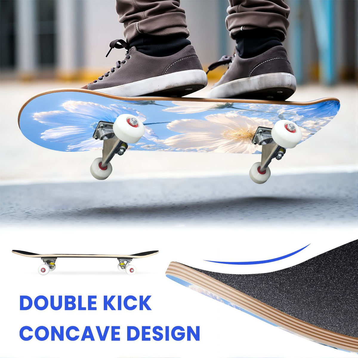 31"x8" Complete Skateboards for Beginners,Elegant White Blue Flowers Soft Petals Dreamy Artistic Double Kick 7 Ply Canadian Maple Deck Skateboard with Wheels, Gifts for Kids Teens