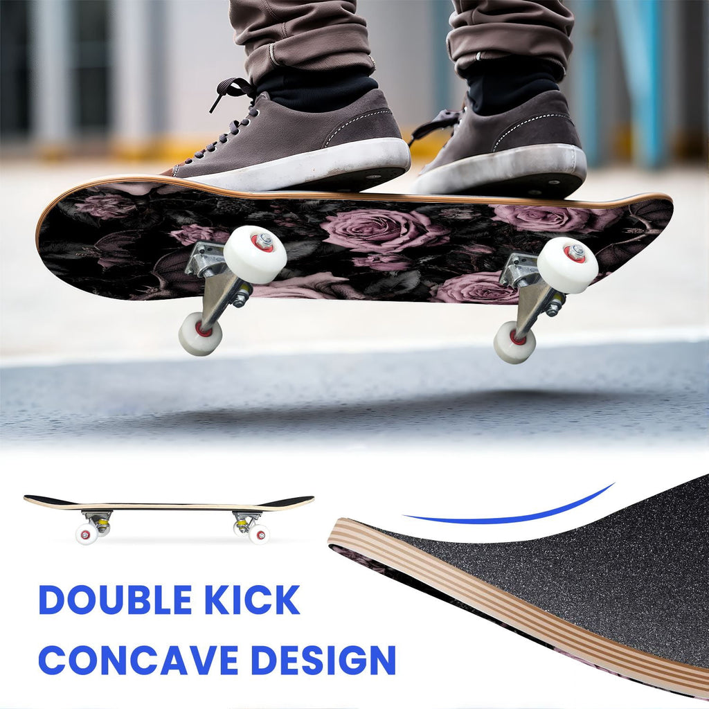 31"x8" Complete Skateboards for Beginners, Ethereal Night Garden Roses Starry Sky Dark Academia Double Kick 7 Ply Canadian Maple Deck Skateboard with Wheels, Gifts for Kids Teens