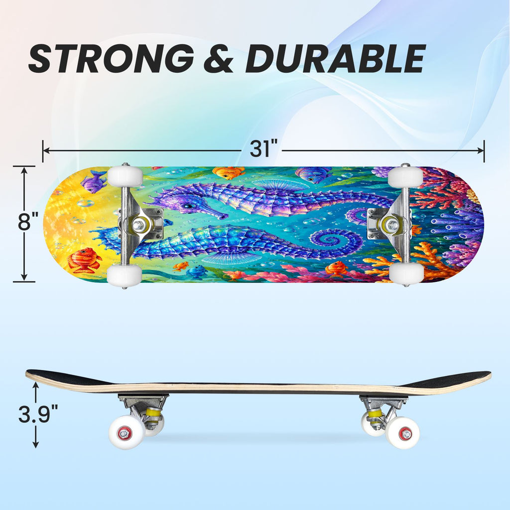 31"x8" Complete Skateboards for Beginners, Colorful Cosmic Octopus Tentacles Starry Marine Life Double Kick 7 Ply Canadian Maple Deck Skateboard with Wheels, Gifts for Kids Teens