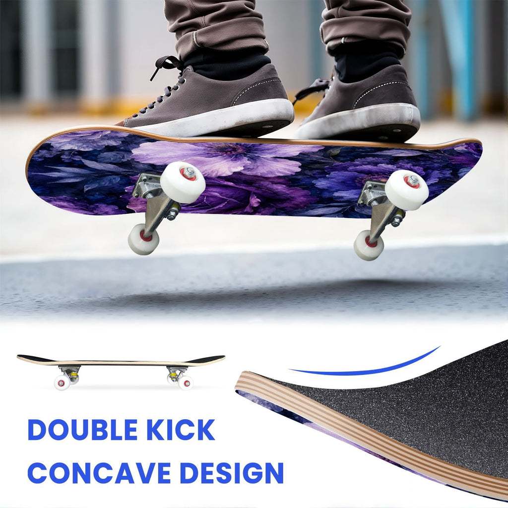 31"x8" Complete Skateboards for Beginners, Purple White Cosmos Flowers Butterflies Watercolor Double Kick 7 Ply Canadian Maple Deck Skateboard with Wheels, Gifts for Kids Teens