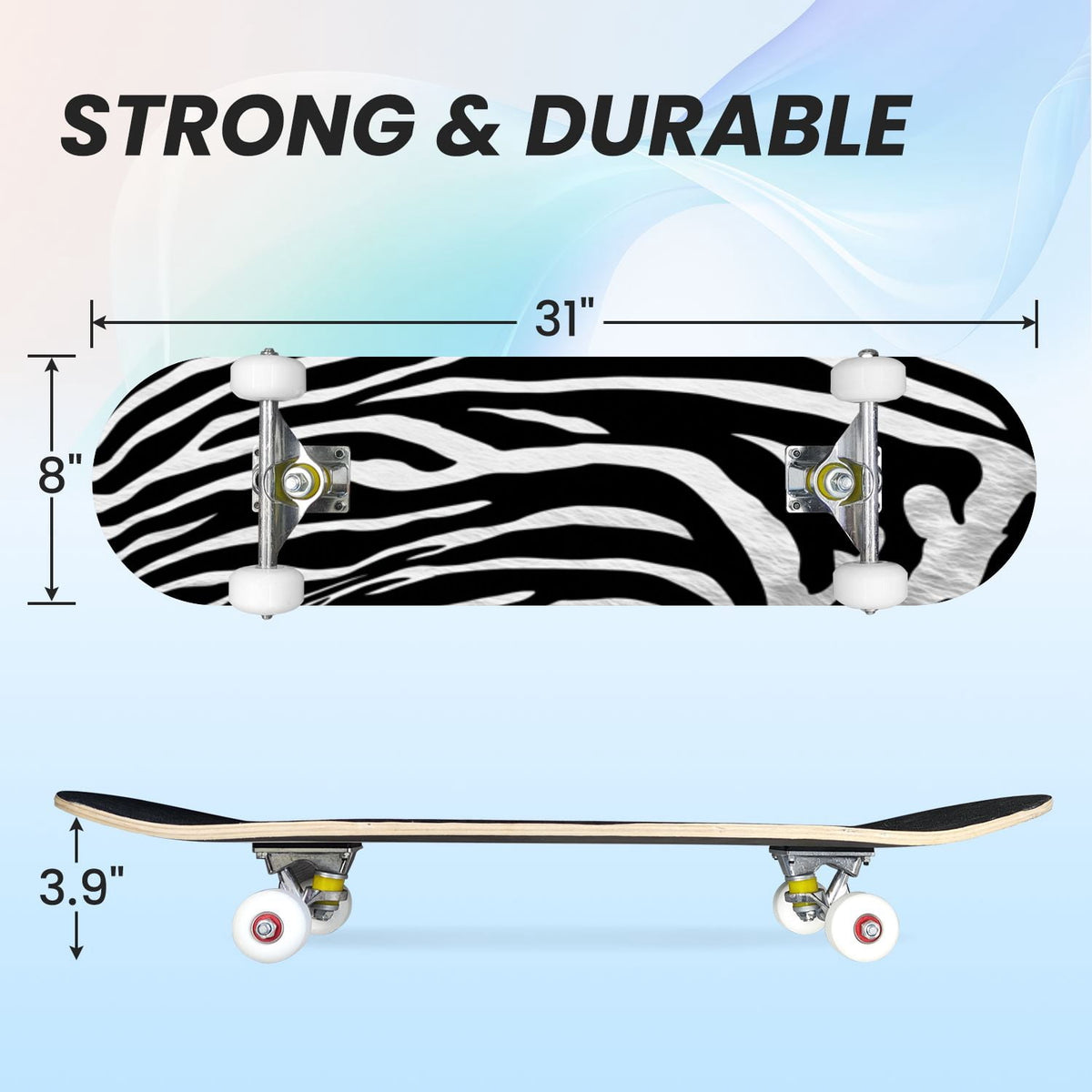 31"x8" Complete Skateboards for Beginners,Leopard Print Black Brown Beige Double Kick 7 Ply Canadian Maple Deck Skateboard with Wheels, Gifts for Kids Teens