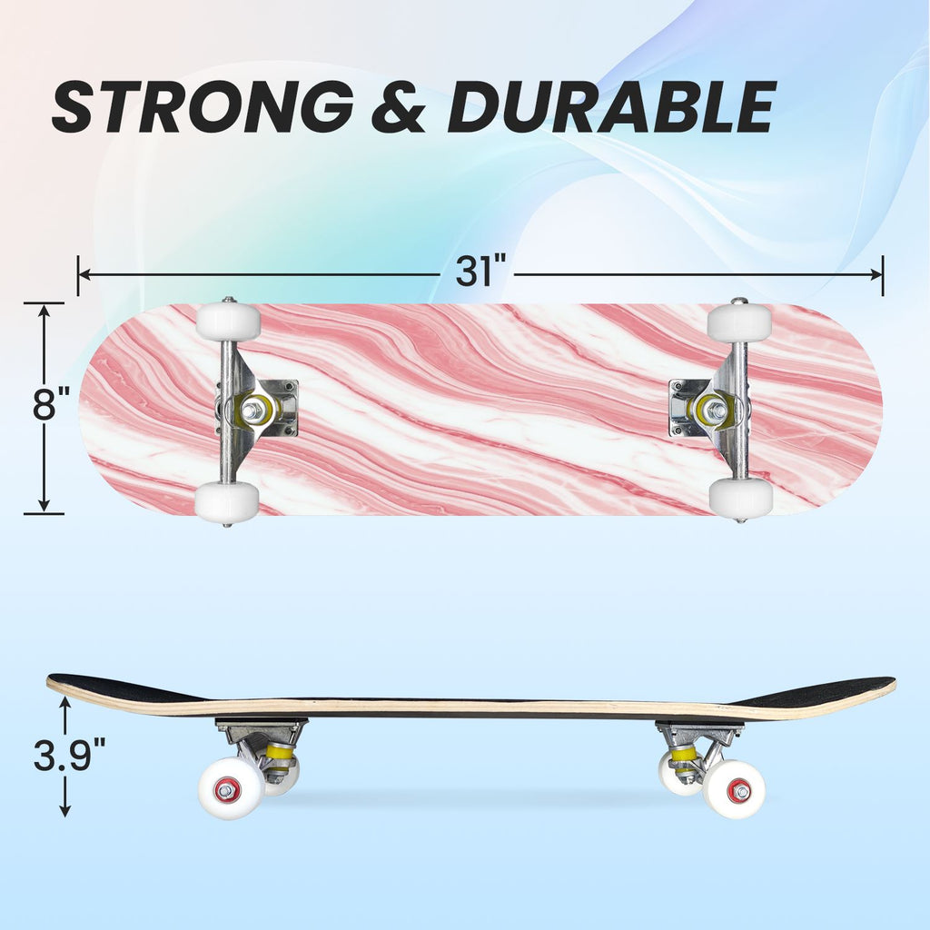31"x8" Complete Skateboards for Beginners, Cherry Blossom Red Cherry Seamless Pink Botanical Double Kick 7 Ply Canadian Maple Deck Skateboard with Wheels, Gifts for Girls Teens