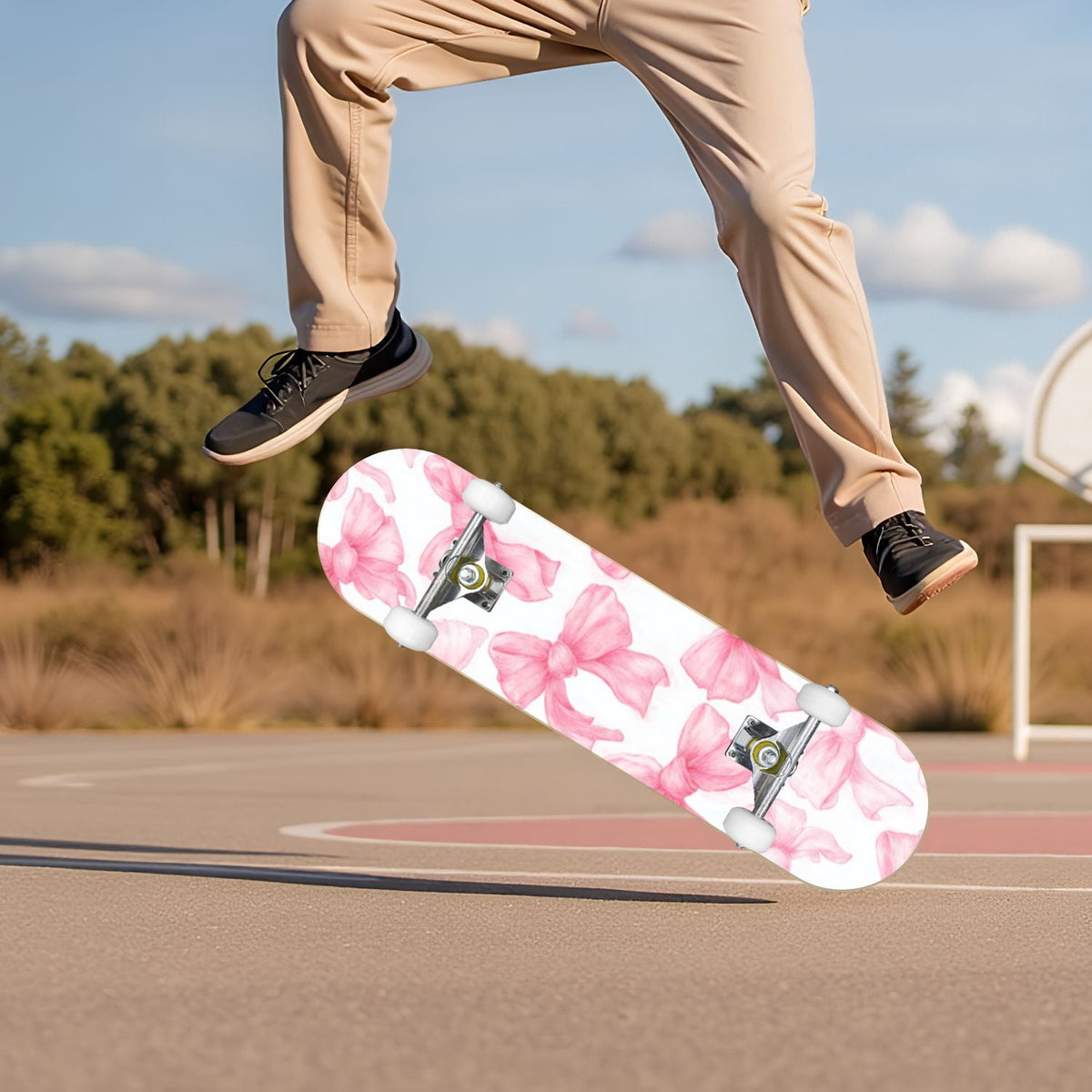 Delicate Pink Floral Ribbon Design 31" x 8" Complete Skateboard, 7-Ply Canadian Maple Double Kick Trick Board for Kids and Beginners Adult Gifts